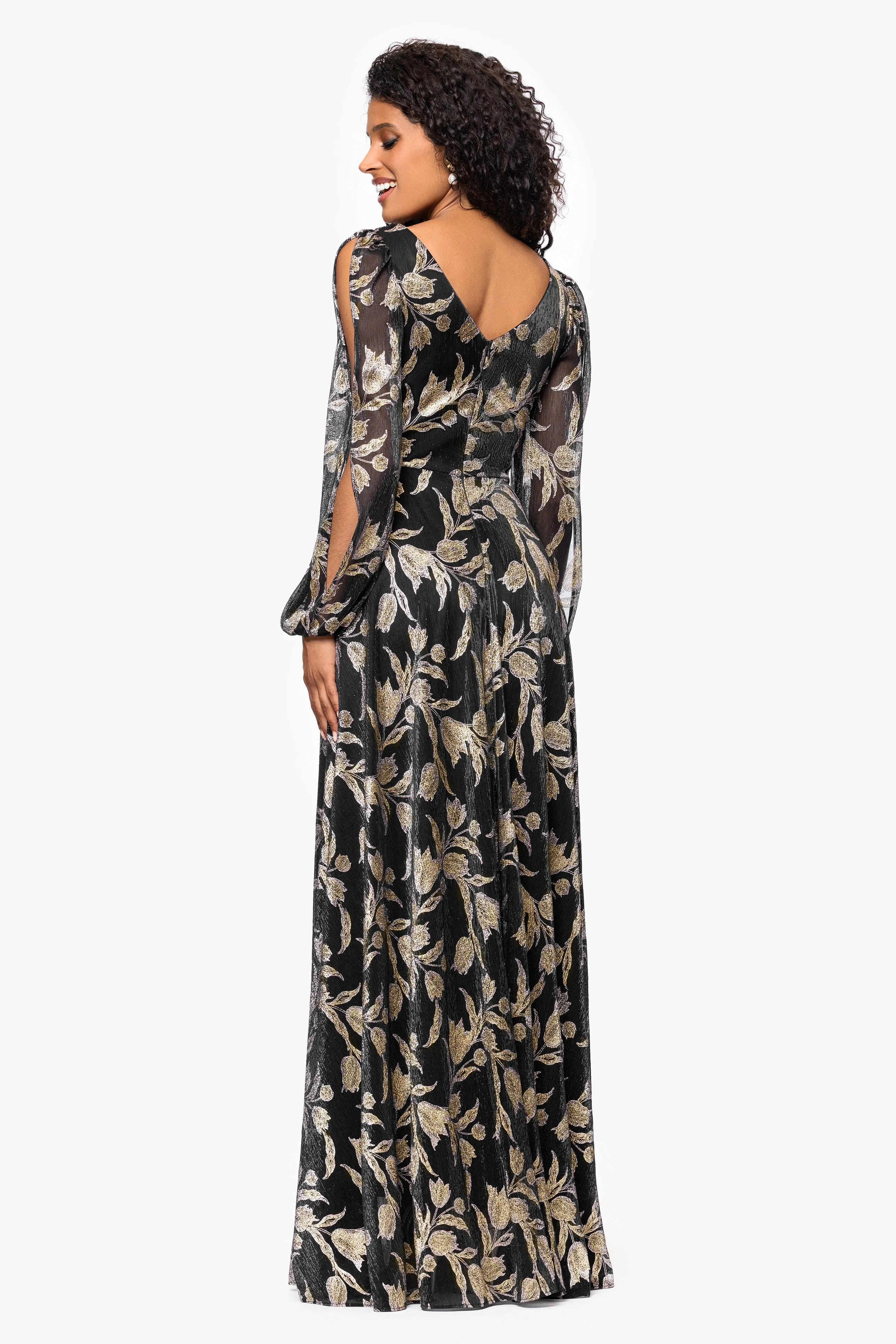 "Elisabeth" Foil Print V-Neck Long Sleeve Floor Length Dress sold by Betsy & Adam product image thumbnail 3