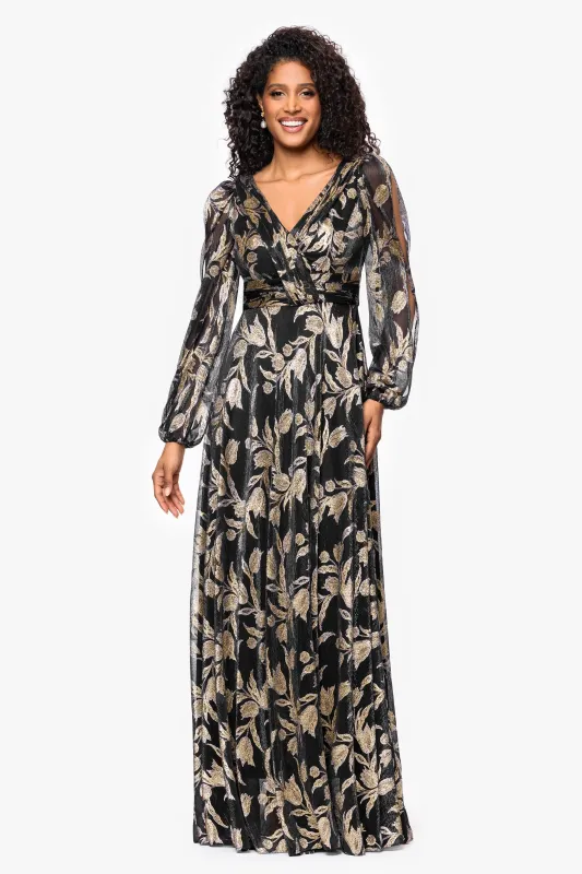 "Elisabeth" Foil Print V-Neck Long Sleeve Floor Length Dress sold by Betsy & Adam