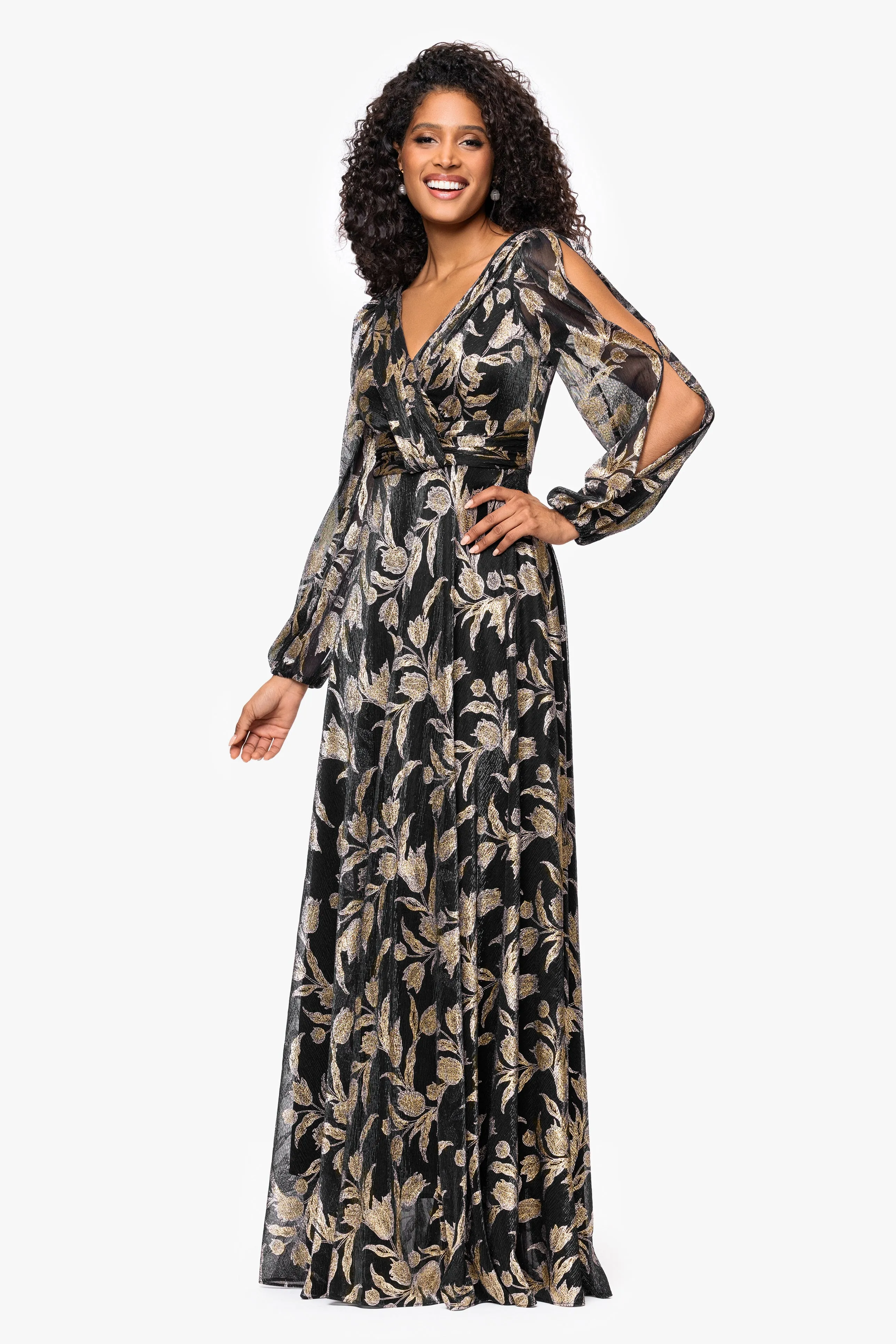 "Elisabeth" Foil Print V-Neck Long Sleeve Floor Length Dress sold by Betsy & Adam product image thumbnail 4