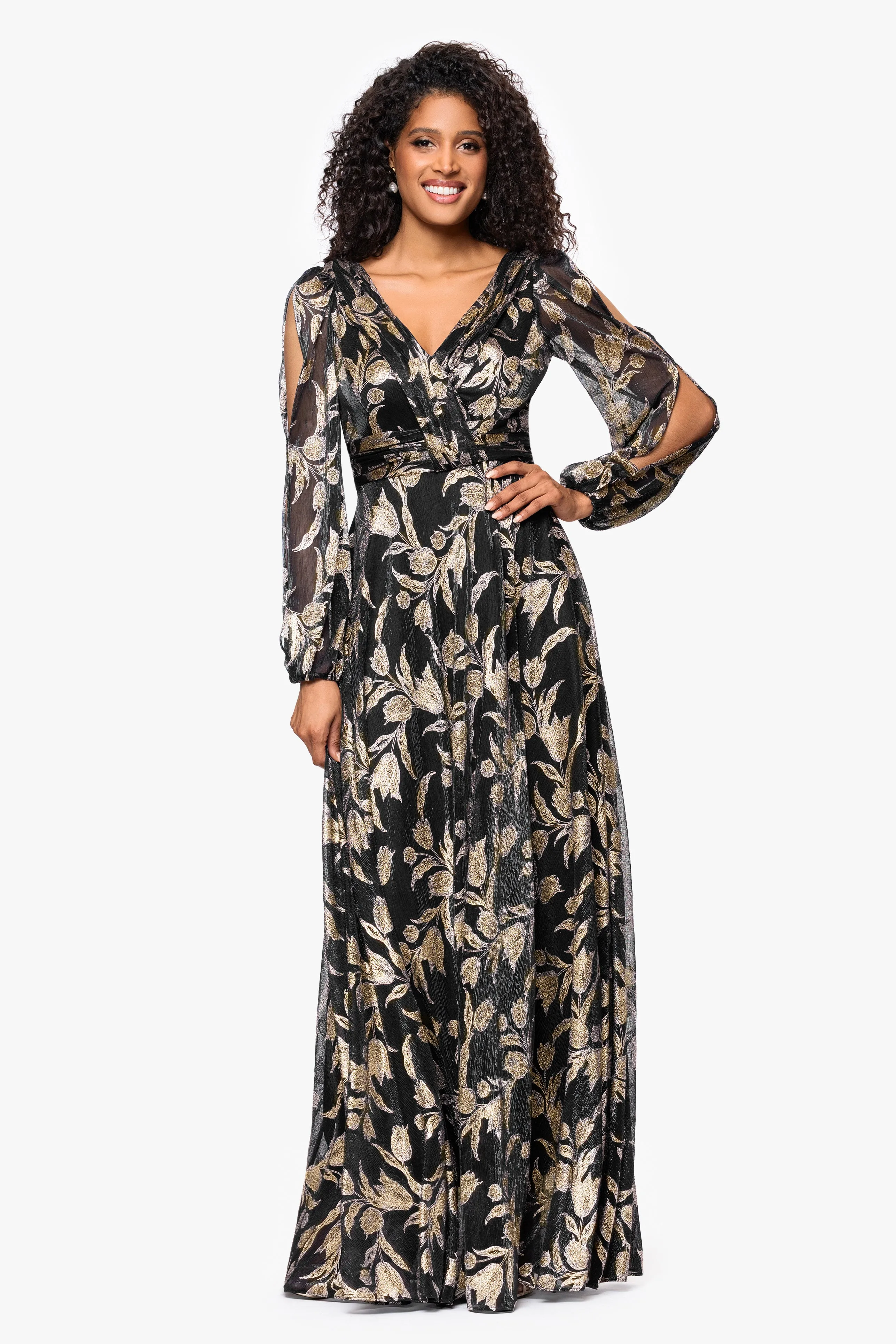 "Elisabeth" Foil Print V-Neck Long Sleeve Floor Length Dress sold by Betsy & Adam product image thumbnail 5