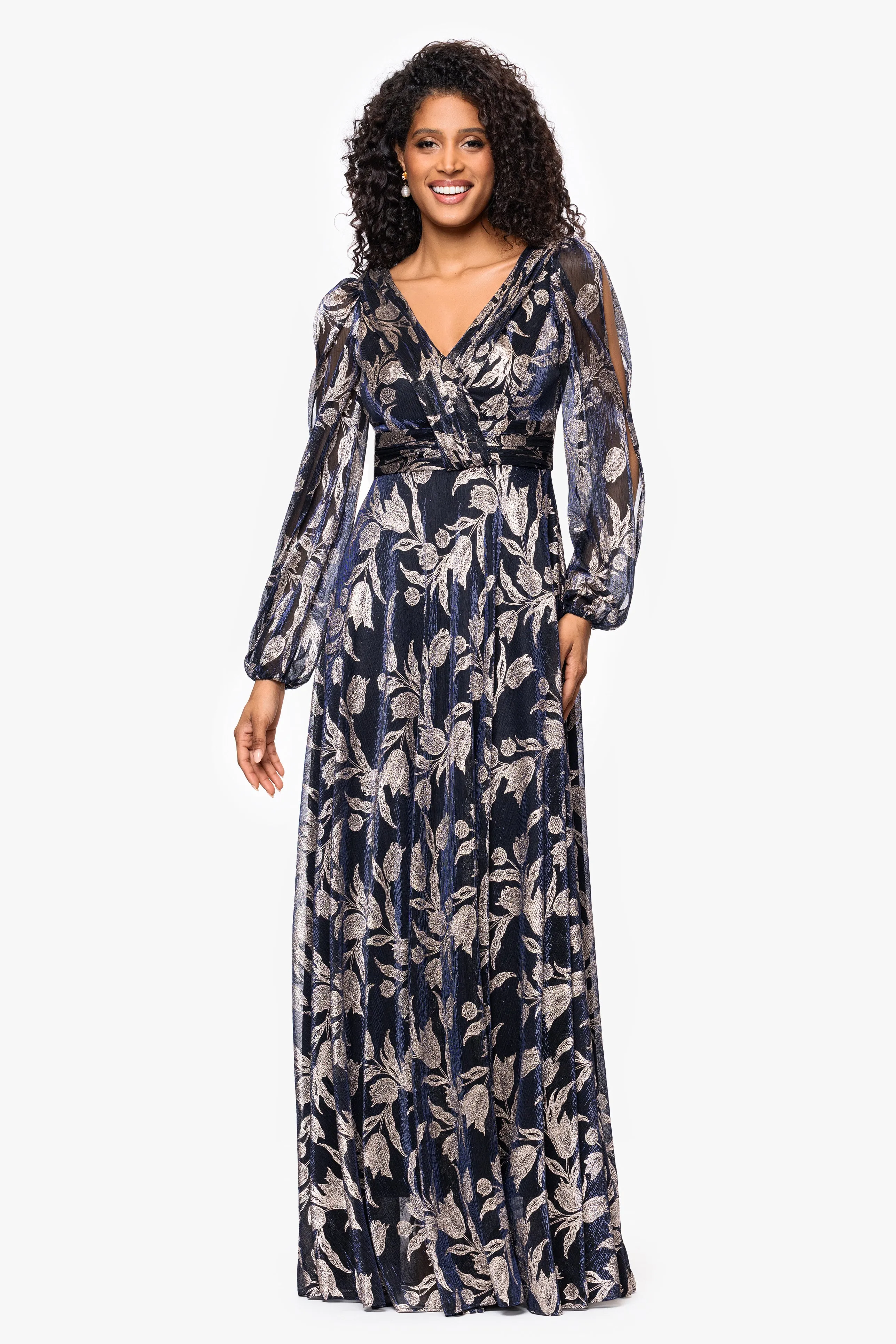 "Elisabeth" Foil Print V-Neck Long Sleeve Floor Length Dress sold by Betsy & Adam product image thumbnail 5