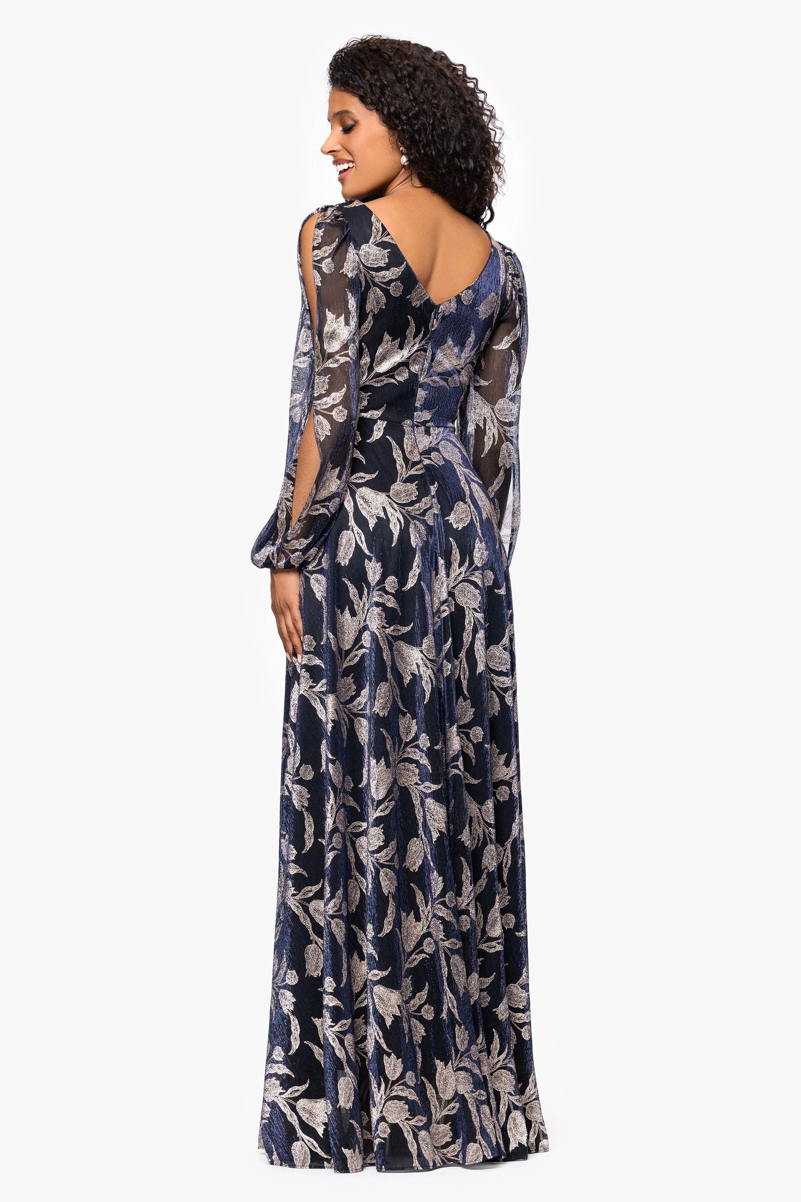 "Elisabeth" Foil Print V-Neck Long Sleeve Floor Length Dress sold by Betsy & Adam product image thumbnail 3