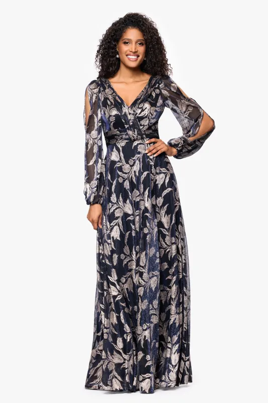 "Elisabeth" Foil Print V-Neck Long Sleeve Floor Length Dress sold by Betsy & Adam
