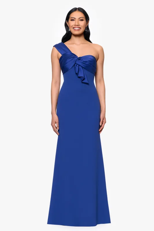 "Clarke" Scuba Crepe and Satin One Shoulder Floor Length Dress sold by Betsy & Adam