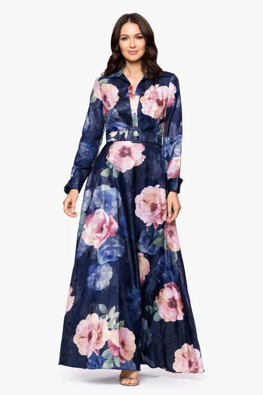 "Rubina" Brocade Collared V-Neck Floor Length Dress sold by Betsy & Adam