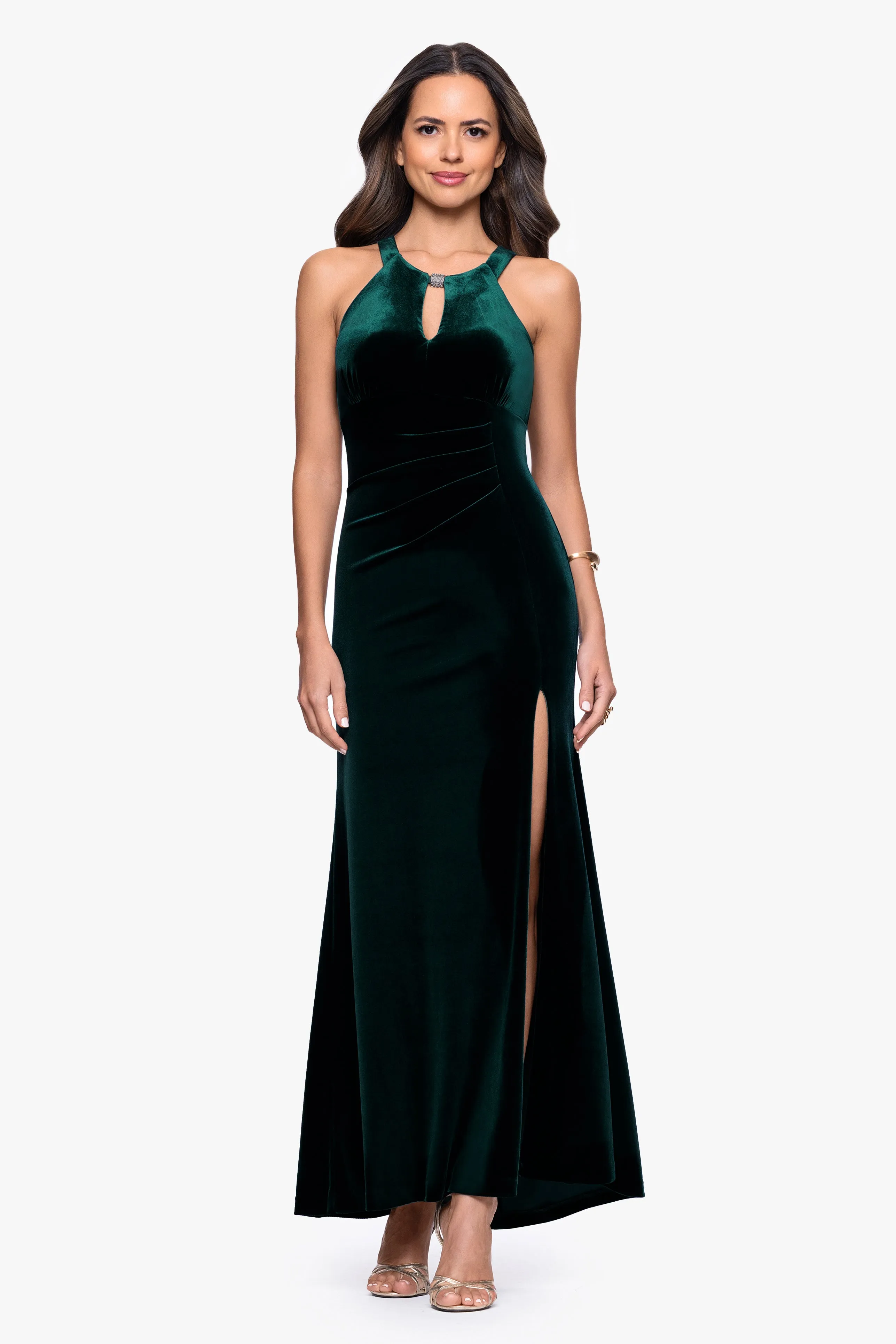"Lucielle" Velvet Emellished Keyhole Neck Floor Length Dress sold by Betsy & Adam