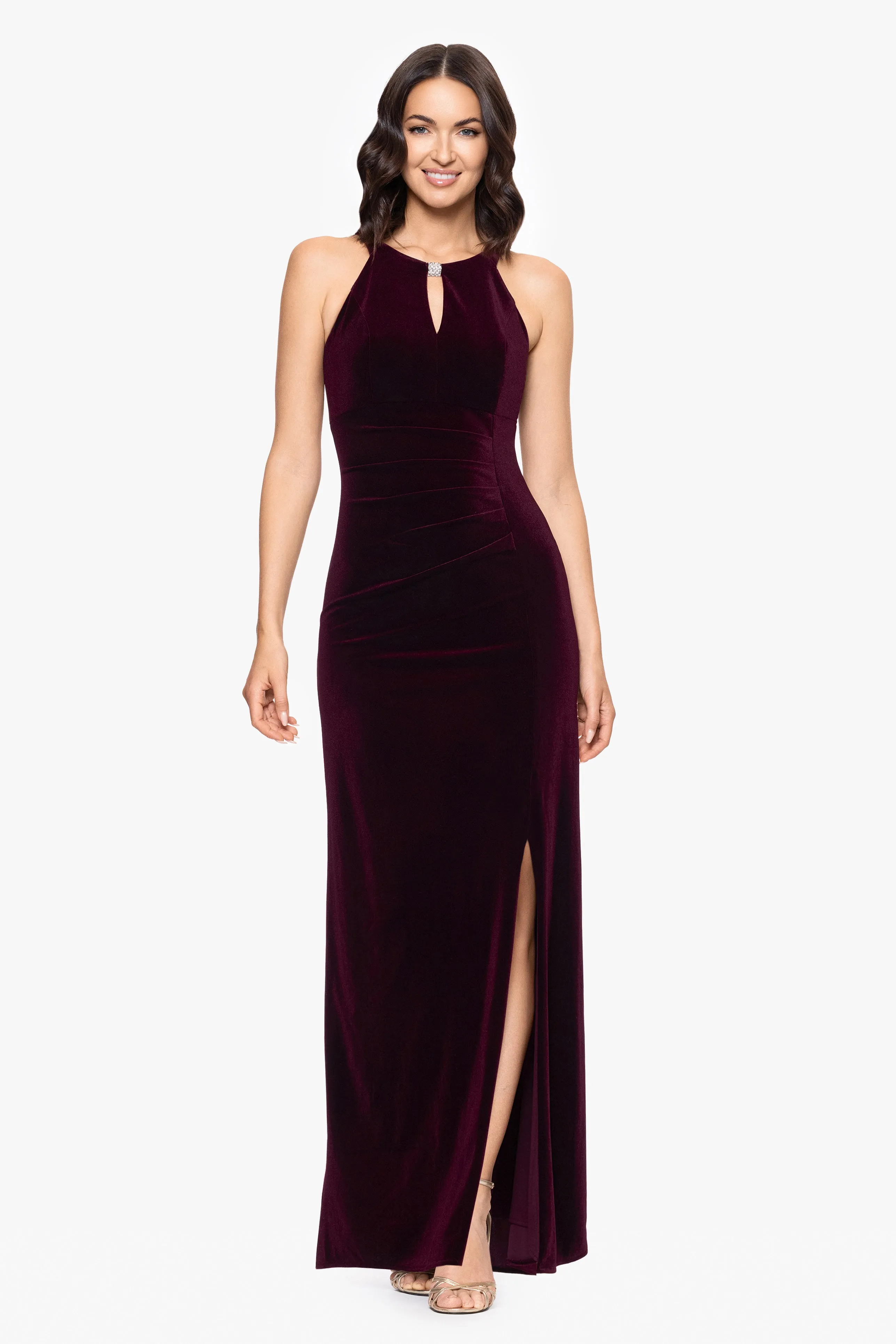 "Lucielle" Velvet Emellished Keyhole Neck Floor Length Dress sold by Betsy & Adam