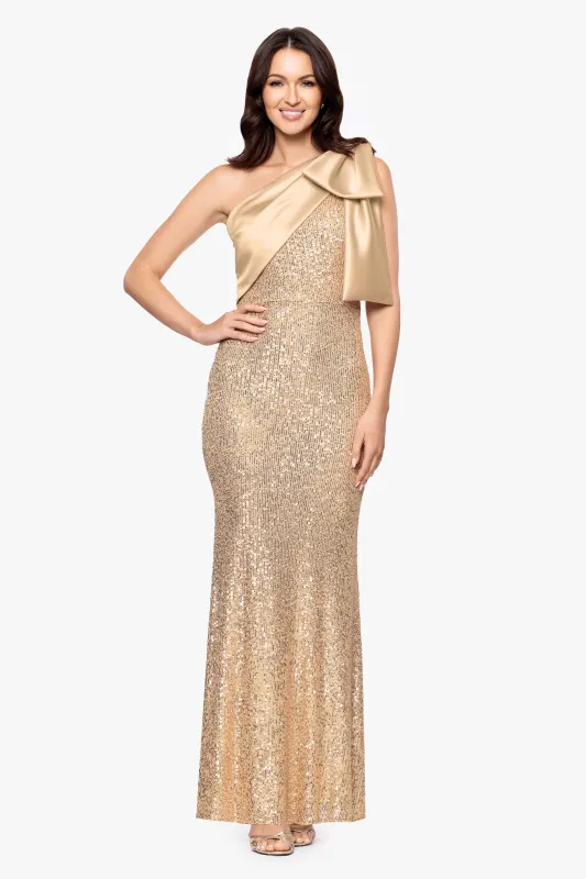 "Paulette" Long Sequin One Shoulder with Satin Bow Floor Length Dress sold by Betsy & Adam