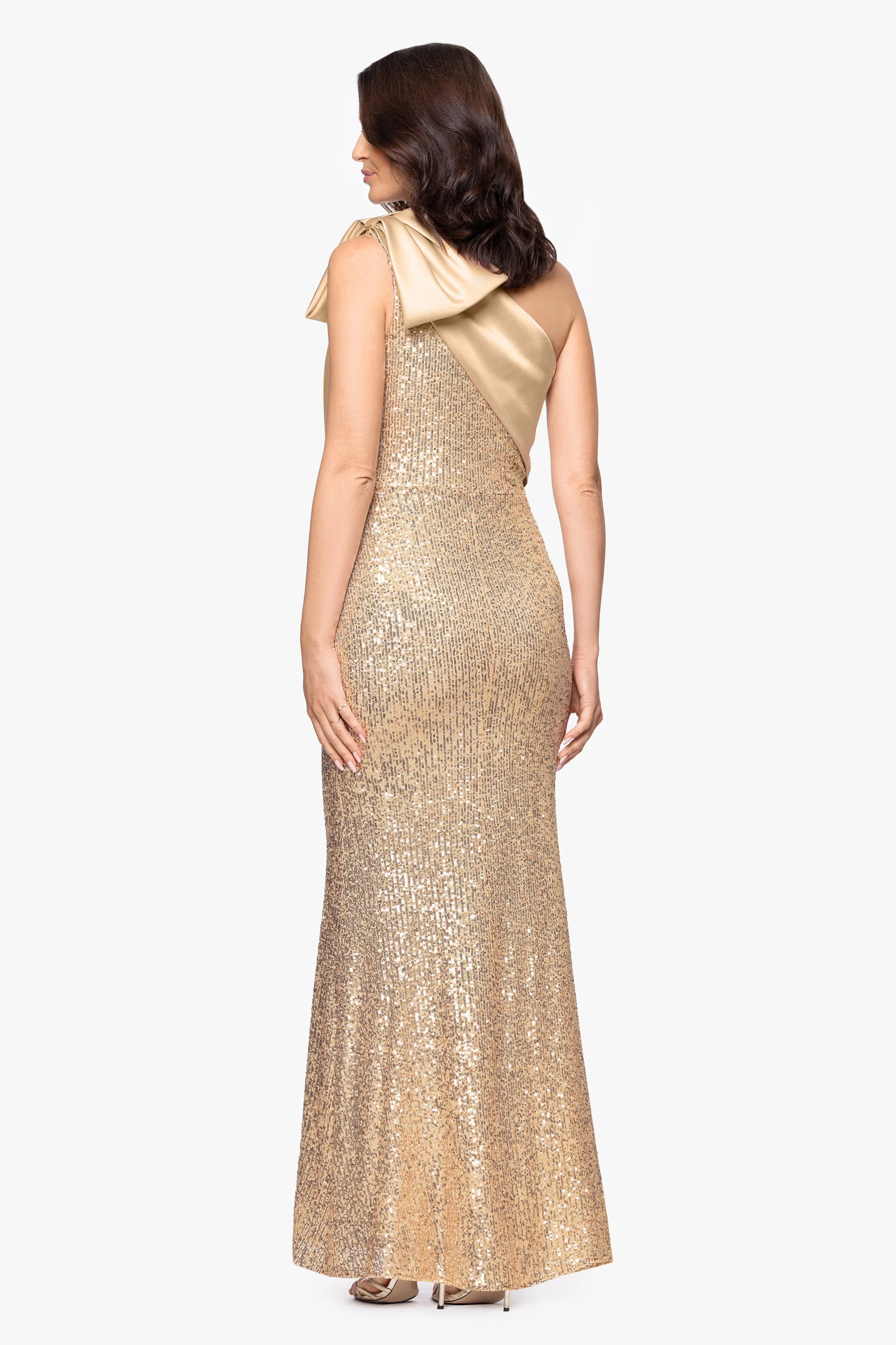 "Paulette" Long Sequin One Shoulder with Satin Bow Floor Length Dress sold by Betsy & Adam product image thumbnail 3