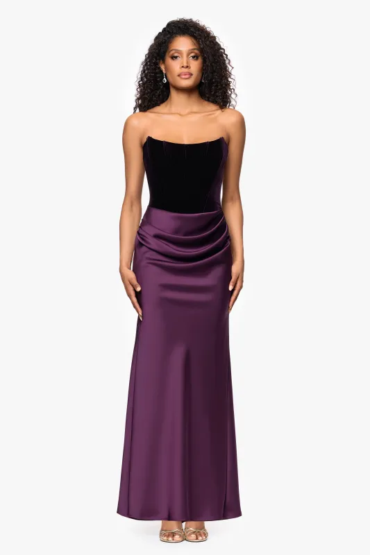 "Lynn" Long Strapless Velvet and Satin Gown sold by Betsy & Adam