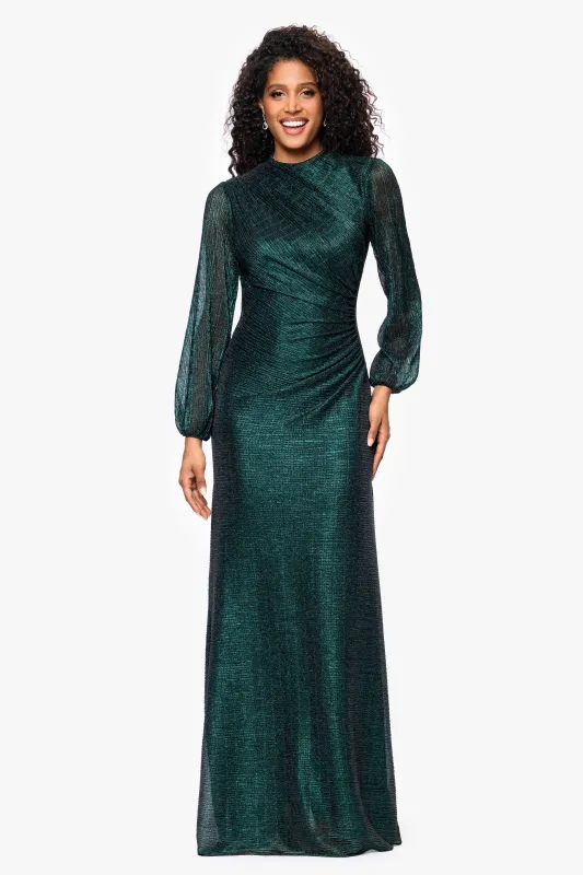 Petite "Jayline" Crinkle Metallic Long Sleeve Floor Length Dress sold by Betsy & Adam