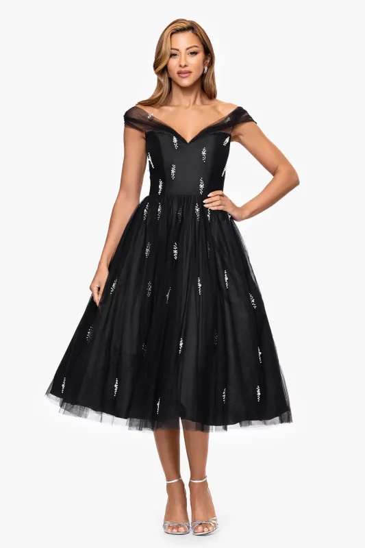 "Jonnie" Mesh Pearl Embellished Off the Shoulder Midi Dress sold by Betsy & Adam