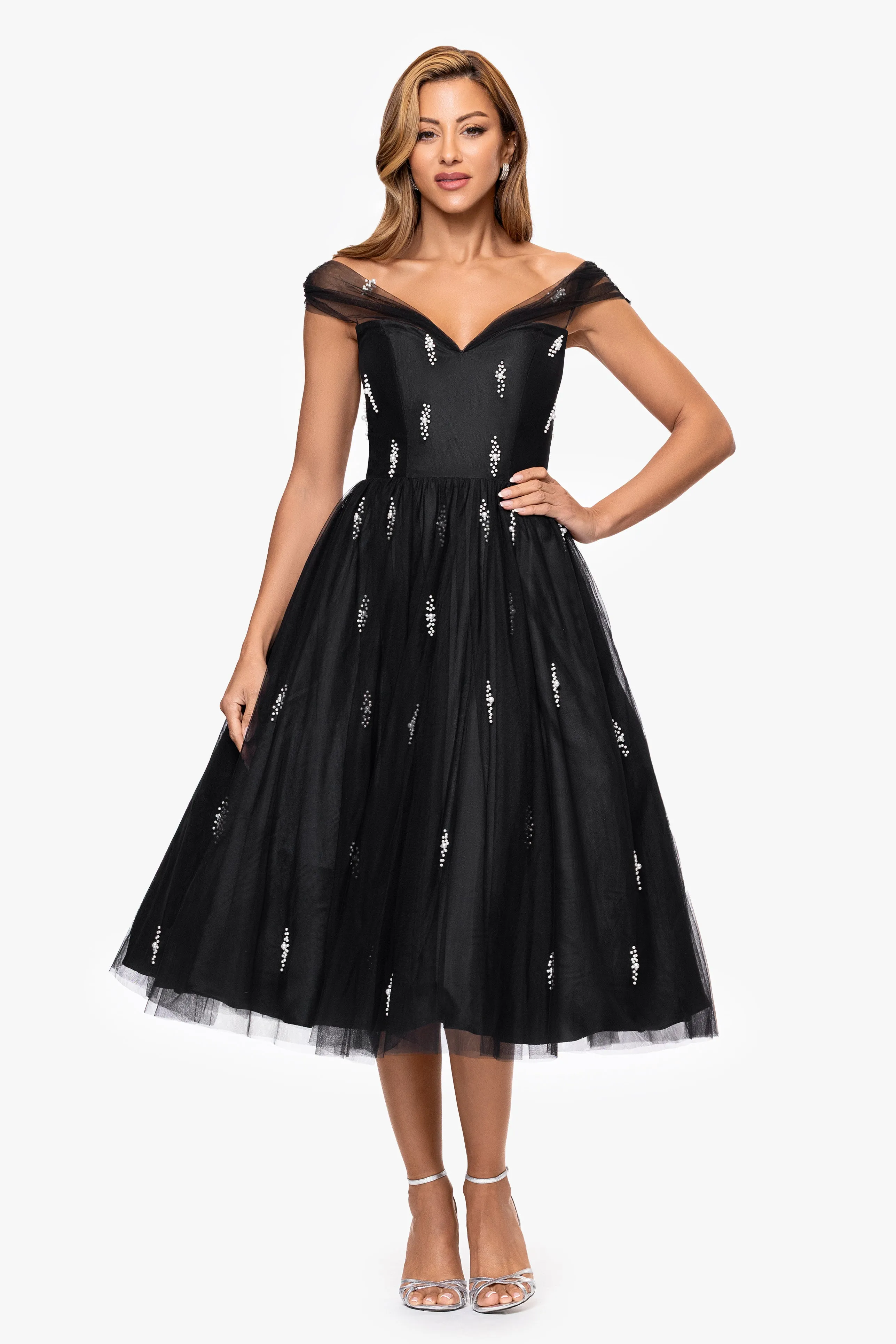 "Jonnie" Mesh Pearl Embellished Off the Shoulder Midi Dress sold by Betsy & Adam