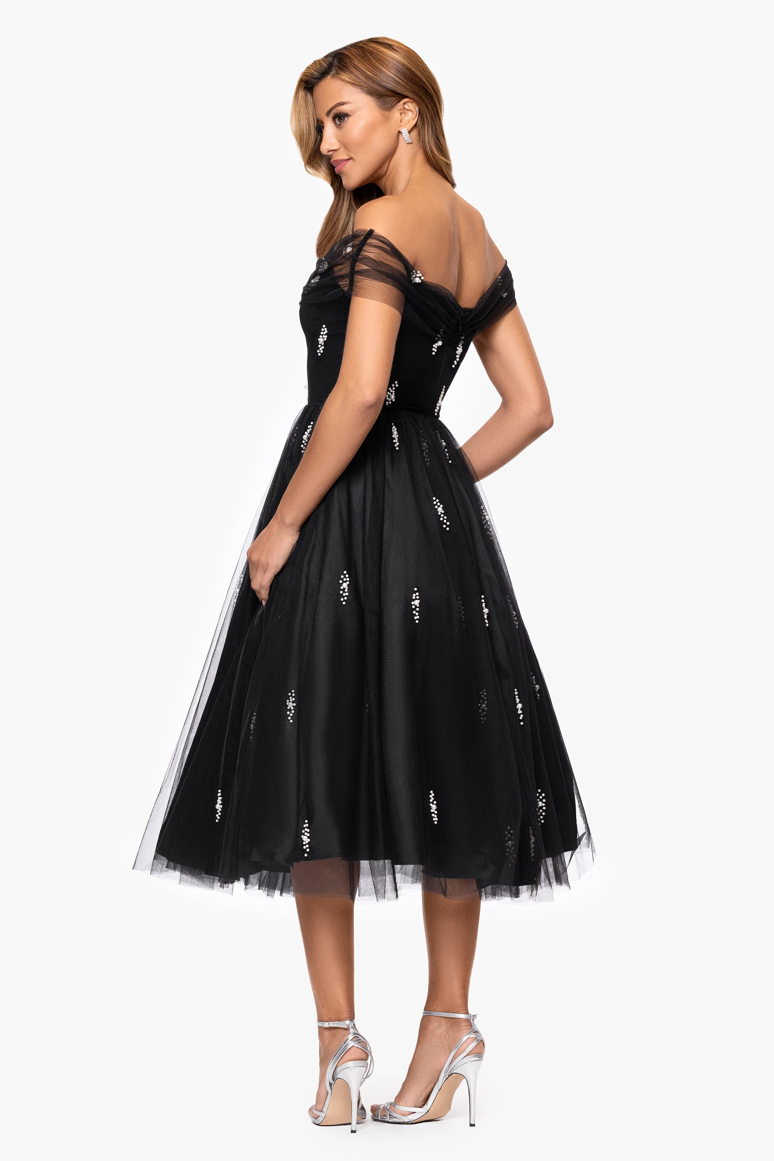 "Jonnie" Mesh Pearl Embellished Off the Shoulder Midi Dress sold by Betsy & Adam product image thumbnail 3