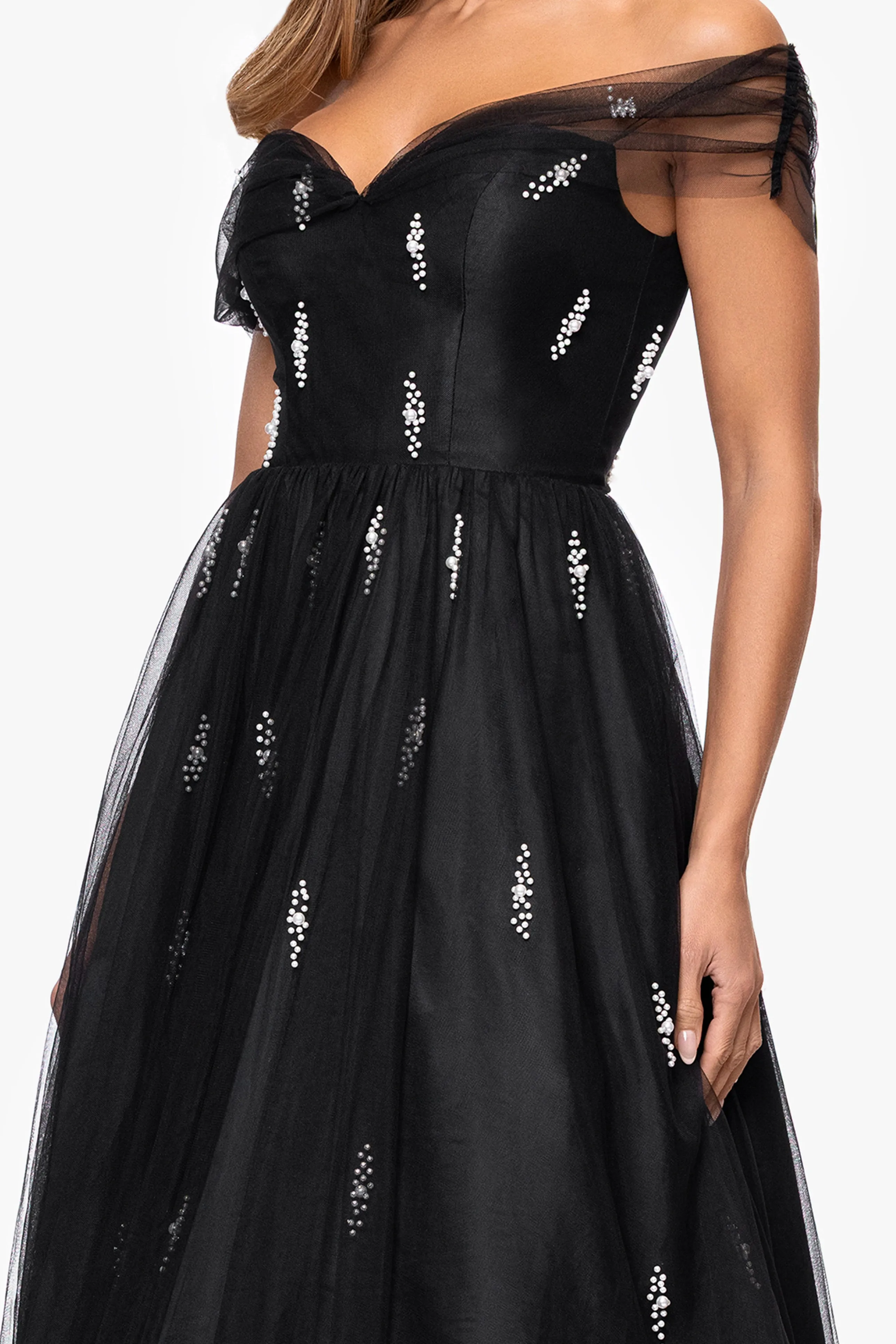 "Jonnie" Mesh Pearl Embellished Off the Shoulder Midi Dress sold by Betsy & Adam product image thumbnail 2