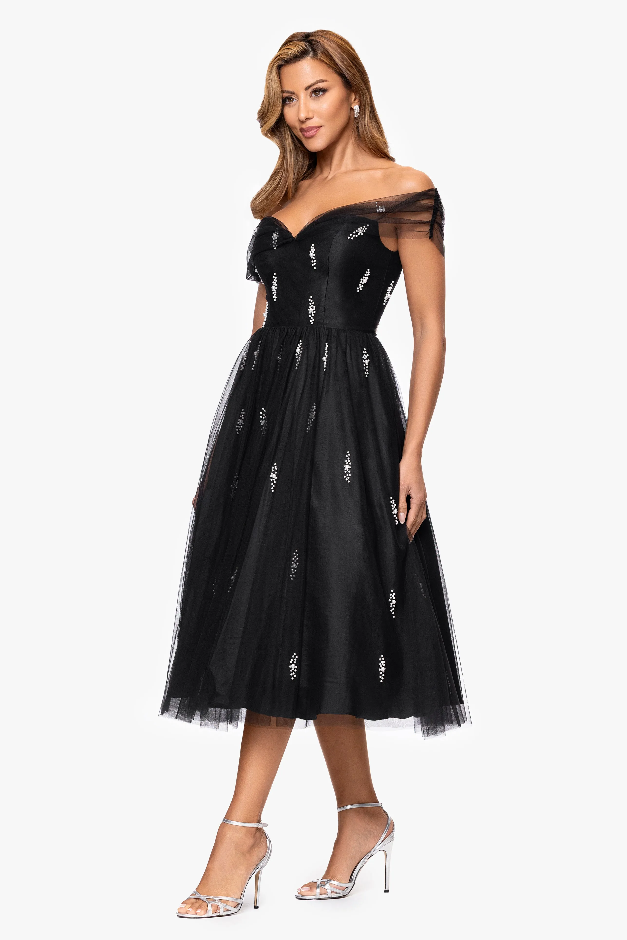 "Jonnie" Mesh Pearl Embellished Off the Shoulder Midi Dress sold by Betsy & Adam product image thumbnail 4