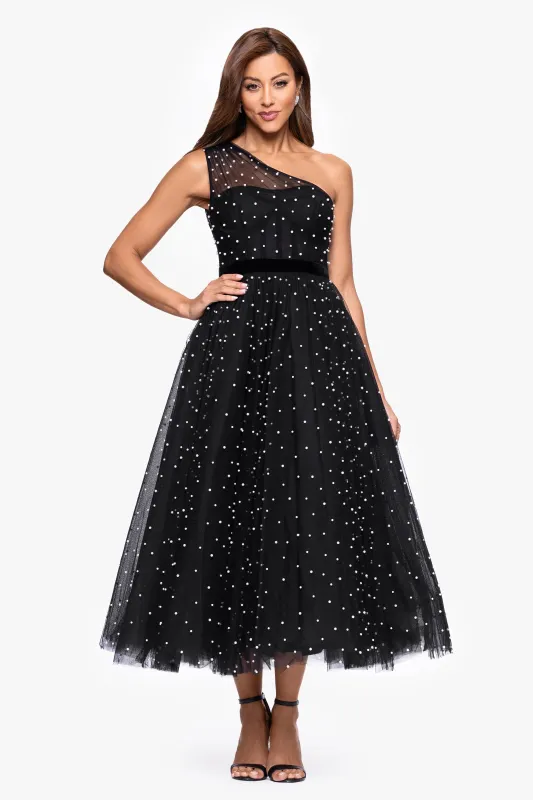 "Rosanne" Mesh Pearl Embellished One Shoulder Midi Dress sold by Betsy & Adam