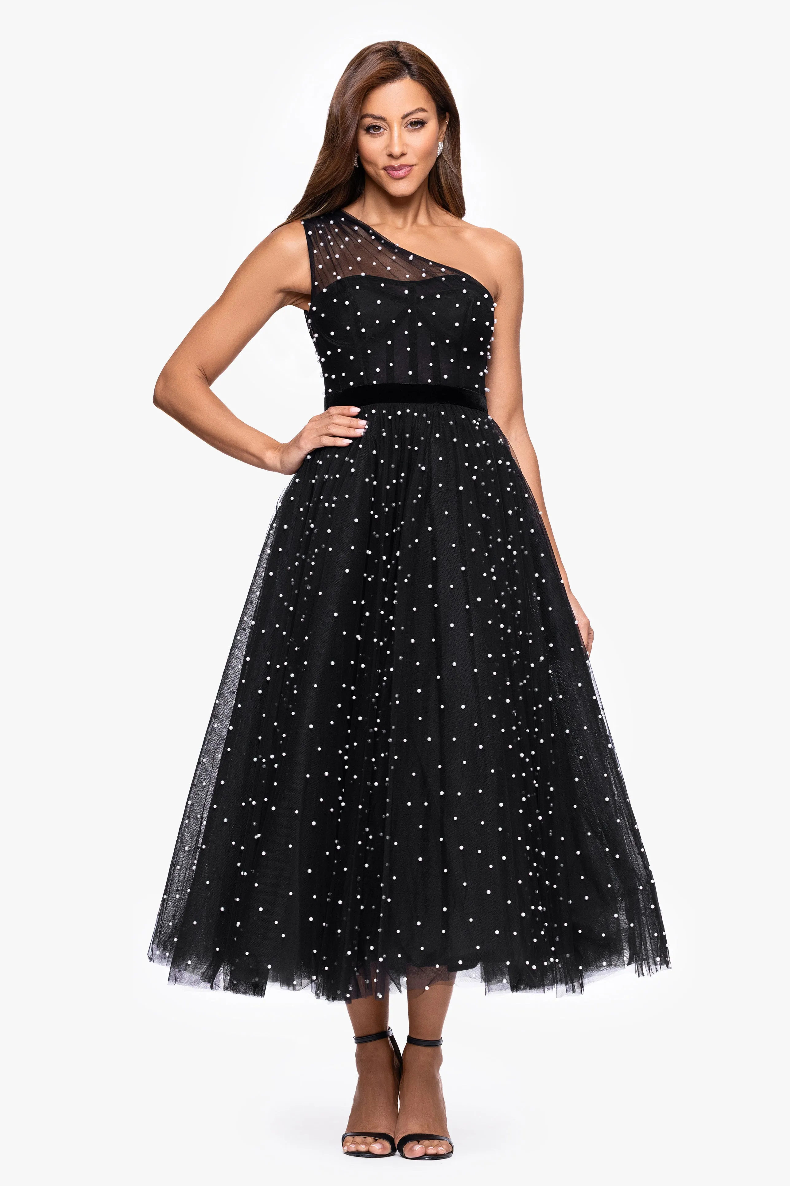 "Rosanne" Mesh Pearl Embellished One Shoulder Midi Dress sold by Betsy & Adam