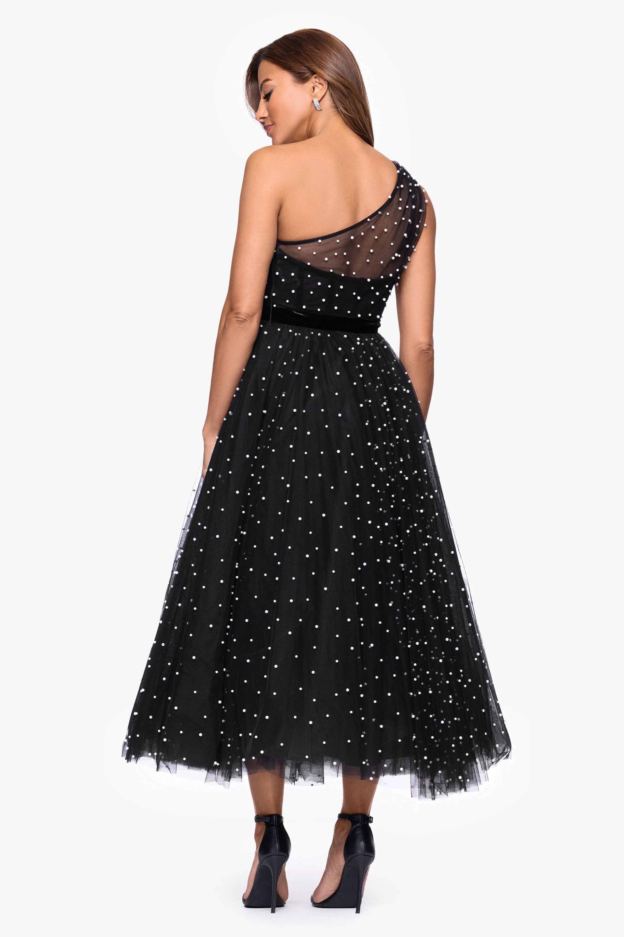 "Rosanne" Mesh Pearl Embellished One Shoulder Midi Dress sold by Betsy & Adam product image thumbnail 3