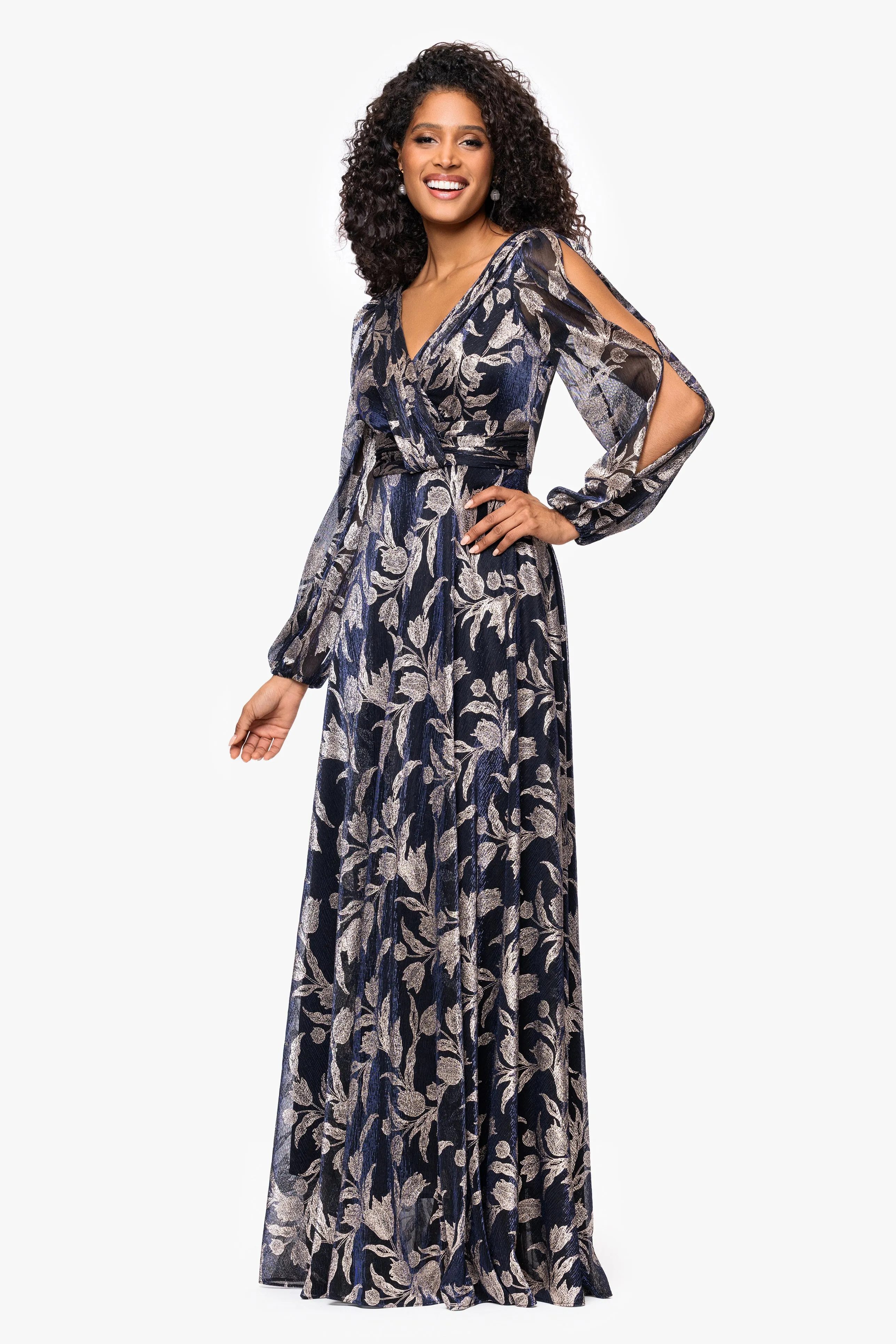Petite "Elisabeth" Foil Print V-Neck Long Sleeve Floor Length Dress sold by Betsy & Adam product image thumbnail 4