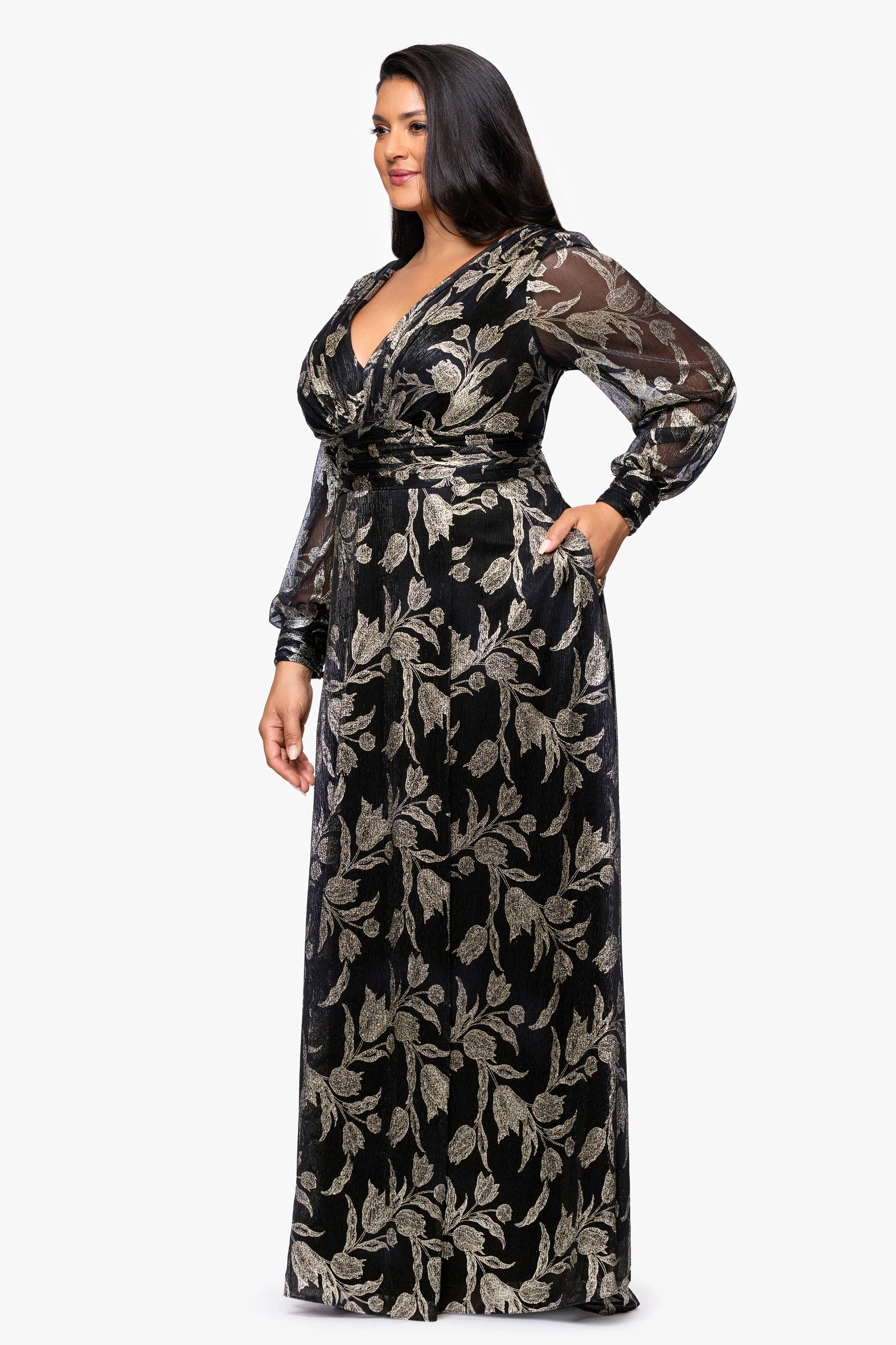 Plus "Shayna" Metallic Foil Print Long Sleeve Floor Length Dress sold by Betsy & Adam product image thumbnail 4