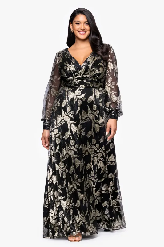 Plus "Shayna" Metallic Foil Print Long Sleeve Floor Length Dress sold by Betsy & Adam