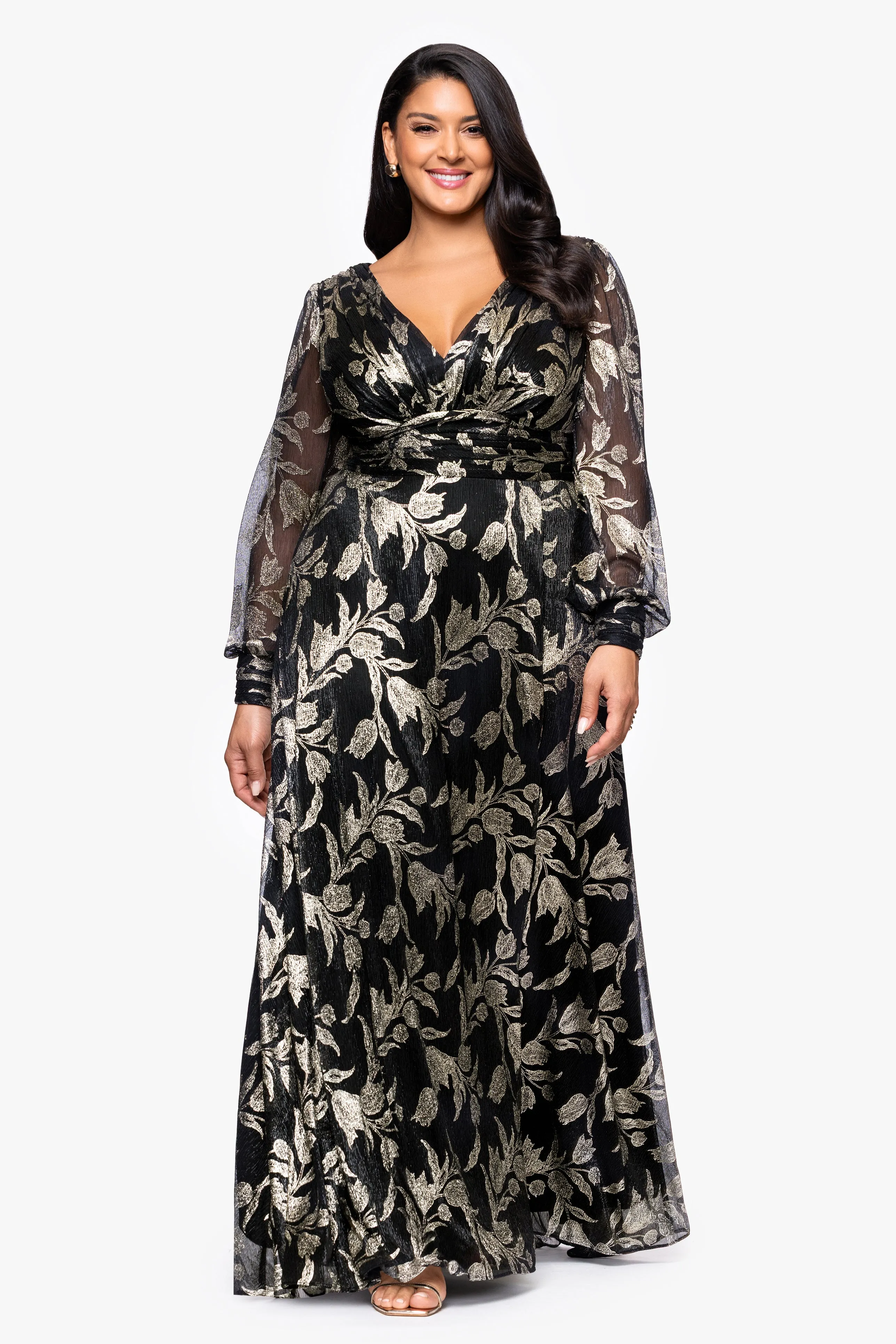 Plus "Shayna" Metallic Foil Print Long Sleeve Floor Length Dress sold by Betsy & Adam