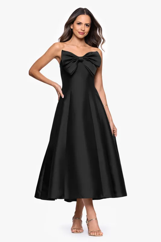 "Coulette" Satin Bow Strapless Midi Dress sold by Betsy & Adam