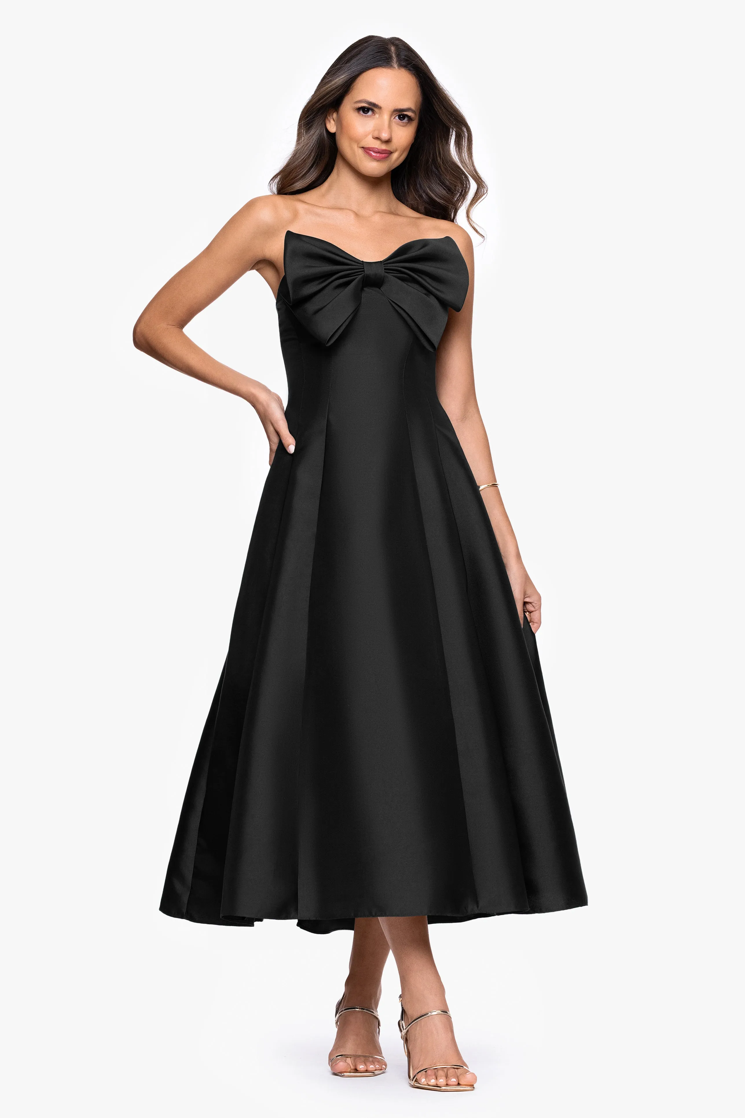 "Coulette" Mikado Bow Strapless Midi Dress sold by Betsy & Adam
