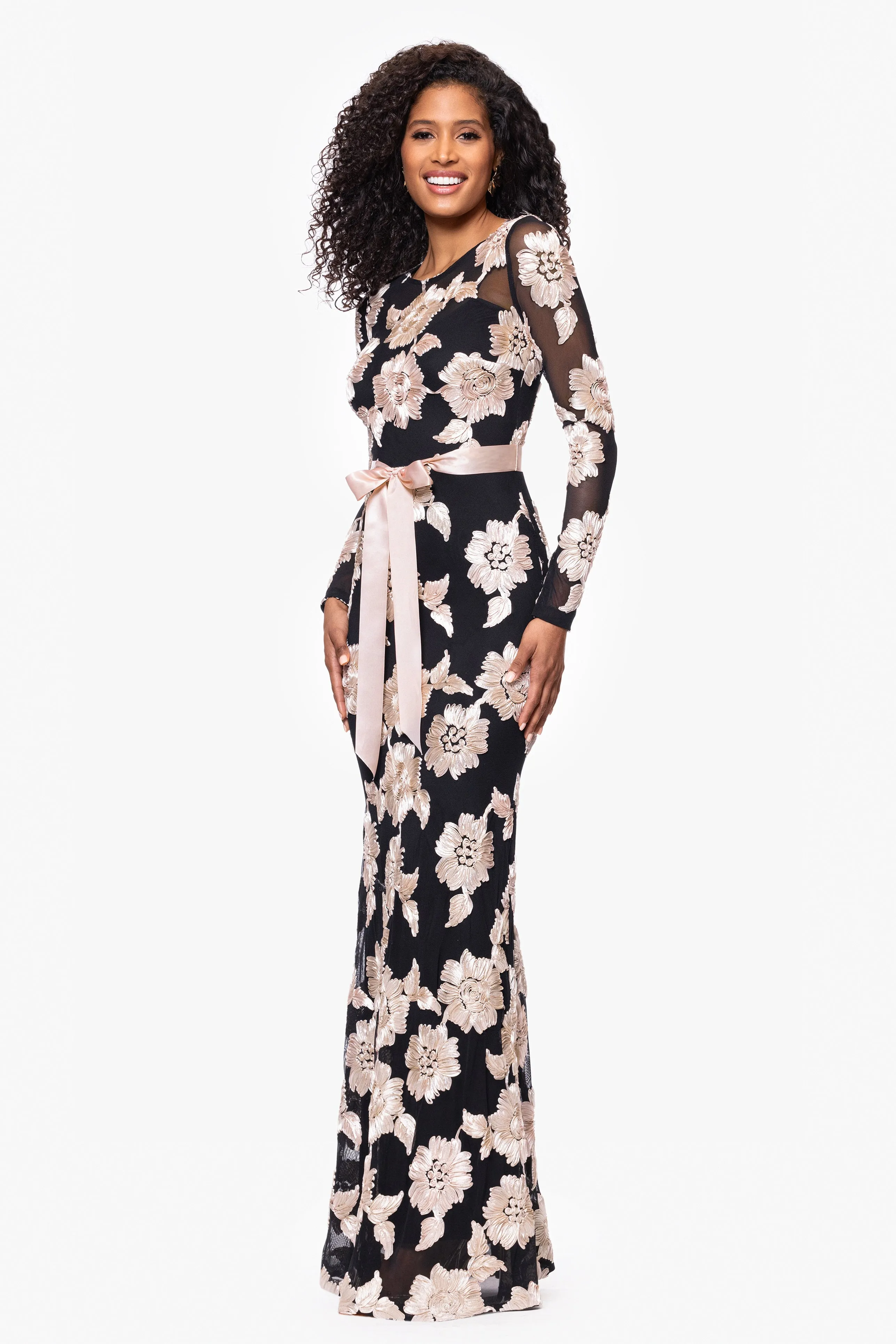 Petite "Juliana" Soutache Mesh Long Sleeve Floor Length Dress sold by Betsy & Adam product image thumbnail 4