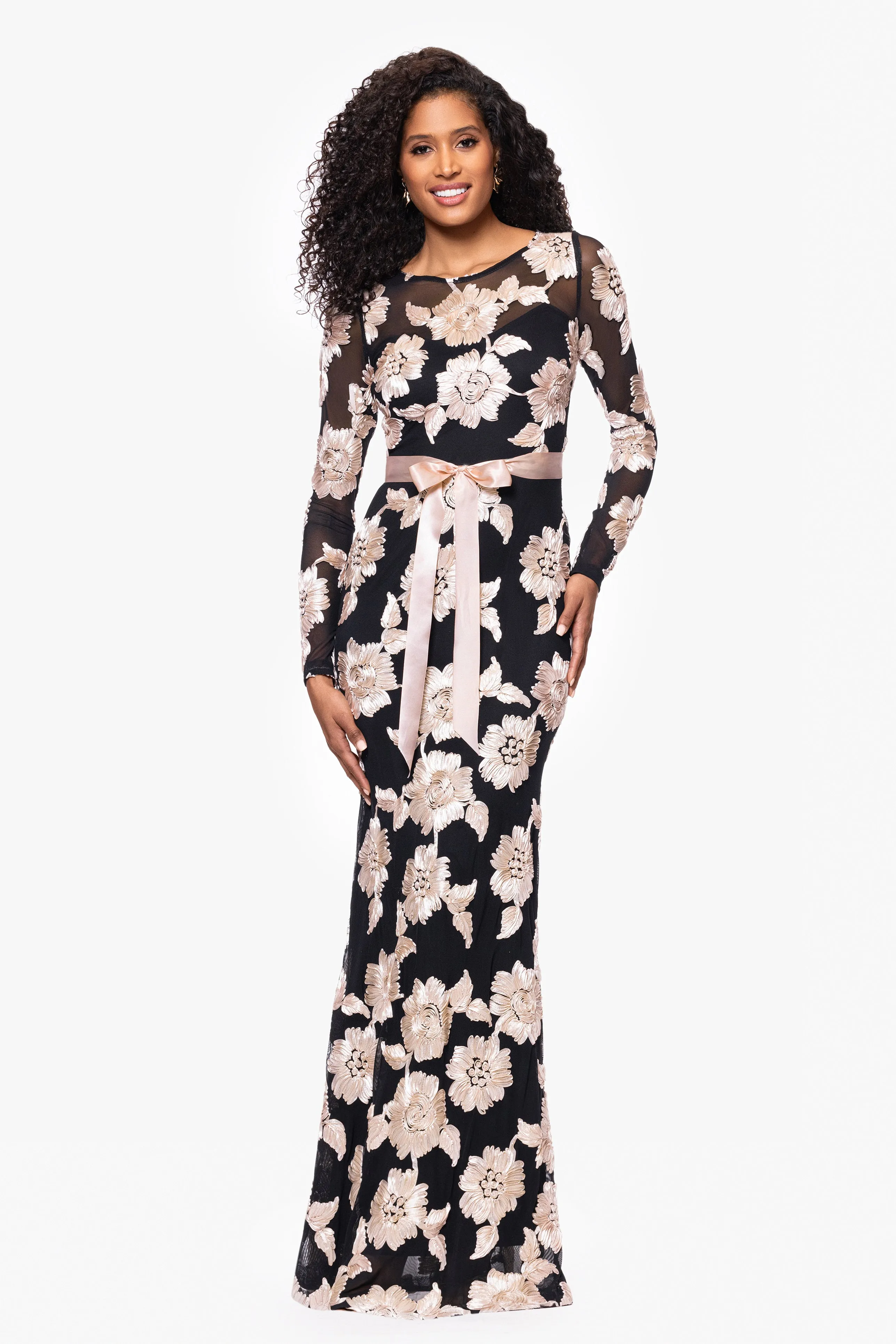 Petite "Juliana" Soutache Mesh Long Sleeve Floor Length Dress sold by Betsy & Adam