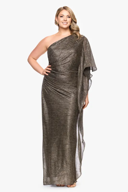 Plus "Graclyn" Metallic Knit One Shoulder Flowy Sleeve Floor Length Dress sold by Betsy & Adam