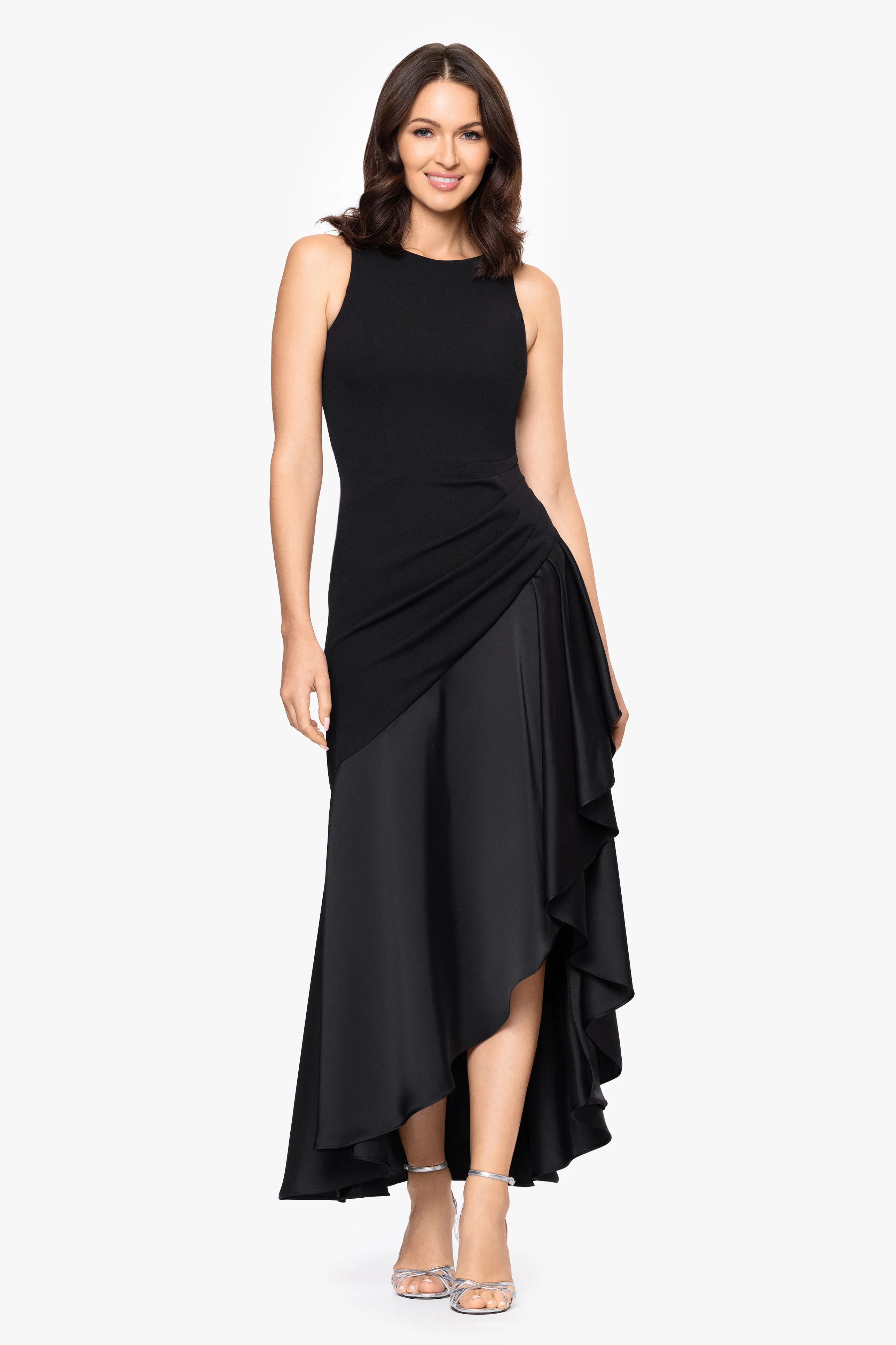 "Nichola" Scuba Crepe and Satin Sleeveless Floor Length Dress sold by Betsy & Adam