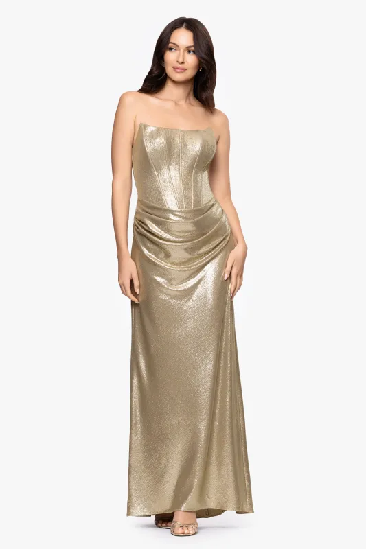 "Peggy" Metallic Corset Strapless Floor Length Dress sold by Betsy & Adam