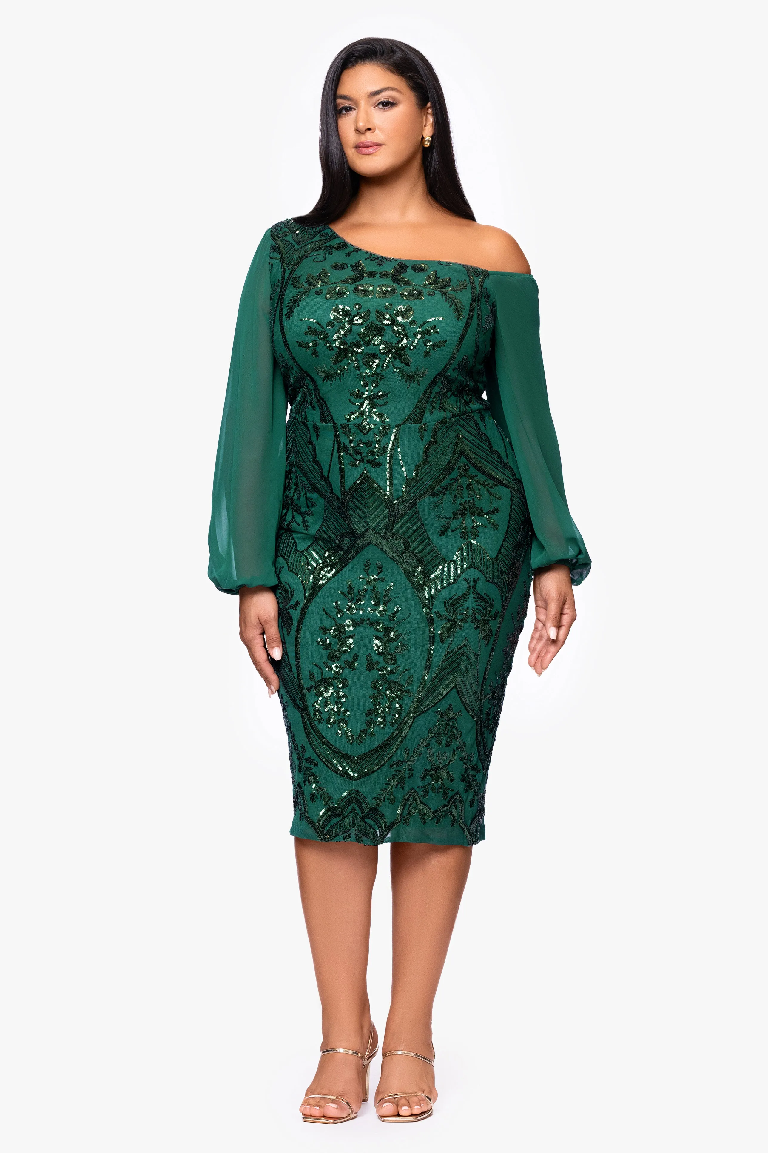 Plus "Josephina" Sequin Long Mesh Sleeves Drop Shoulder Knee Length Dress sold by Betsy & Adam product image thumbnail 5