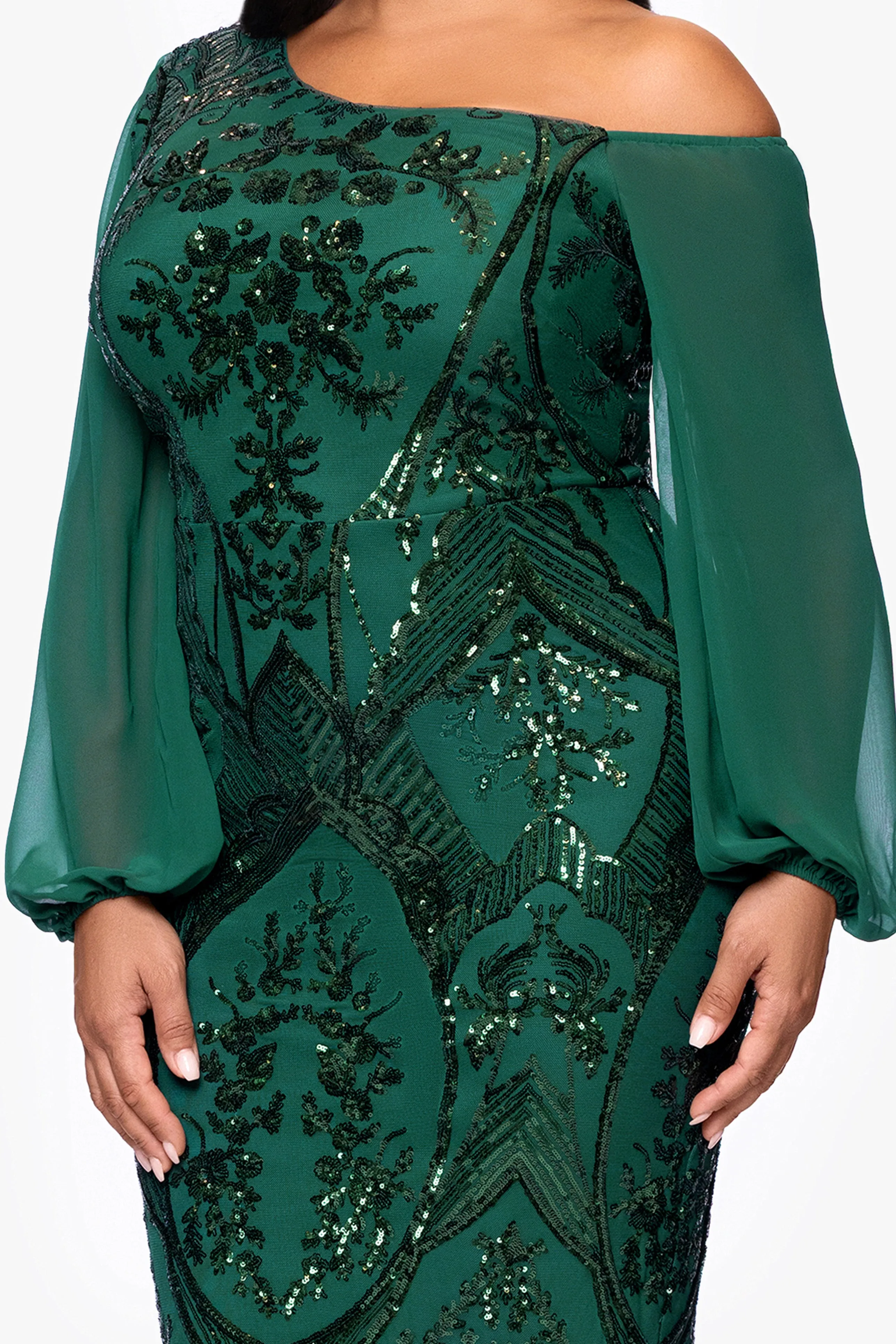 Plus "Josephina" Sequin Long Mesh Sleeves Drop Shoulder Knee Length Dress sold by Betsy & Adam product image thumbnail 2