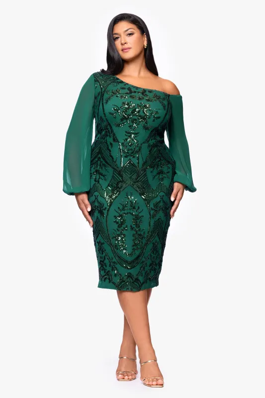 Plus "Josephina" Sequin Long Mesh Sleeves Drop Shoulder Knee Length Dress sold by Betsy & Adam