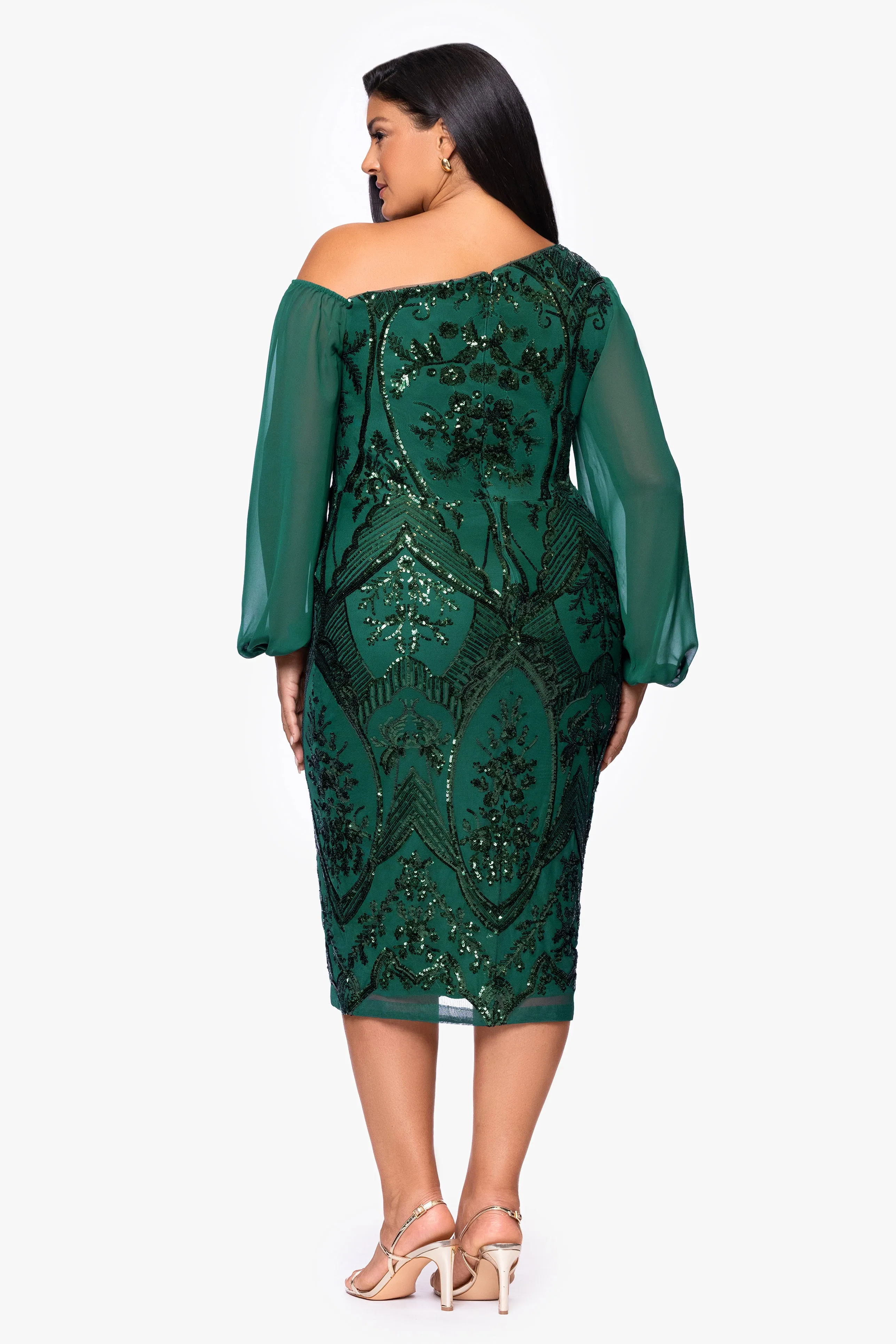 Plus "Josephina" Sequin Long Mesh Sleeves Drop Shoulder Knee Length Dress sold by Betsy & Adam product image thumbnail 3
