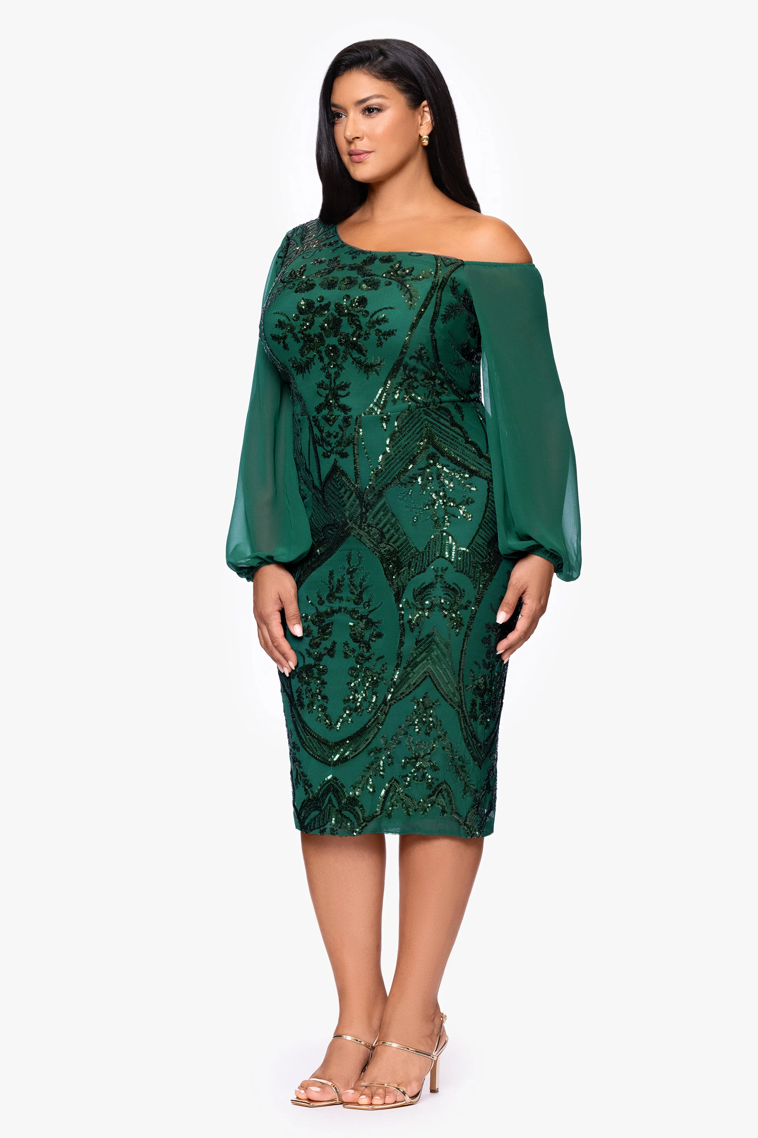 Plus "Josephina" Sequin Long Mesh Sleeves Drop Shoulder Knee Length Dress sold by Betsy & Adam product image thumbnail 4