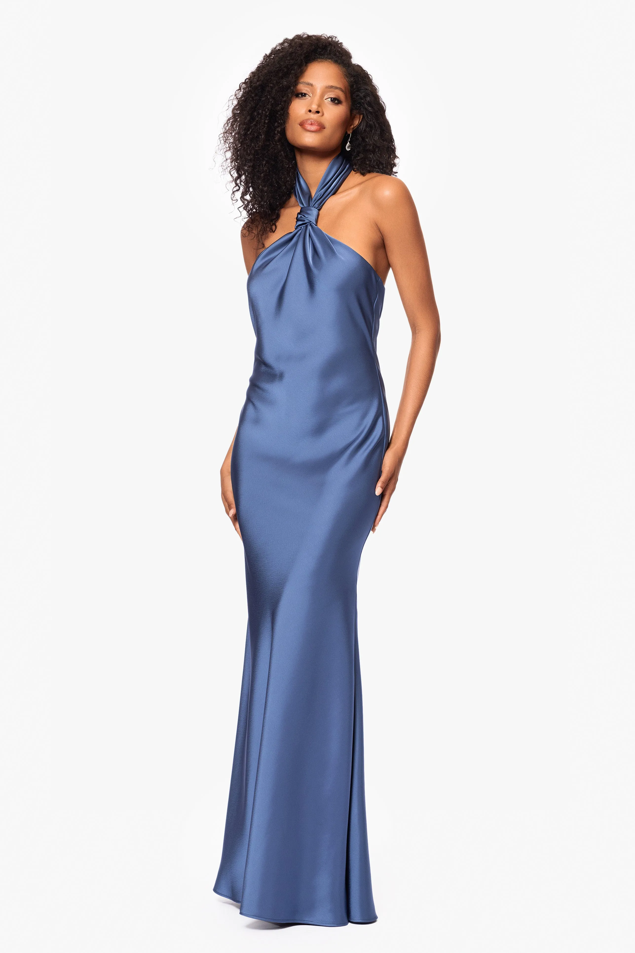 Petite "Esmerelda" Satin Double Knotted Halter Neck Floor Length Dress sold by Betsy & Adam product image thumbnail 4