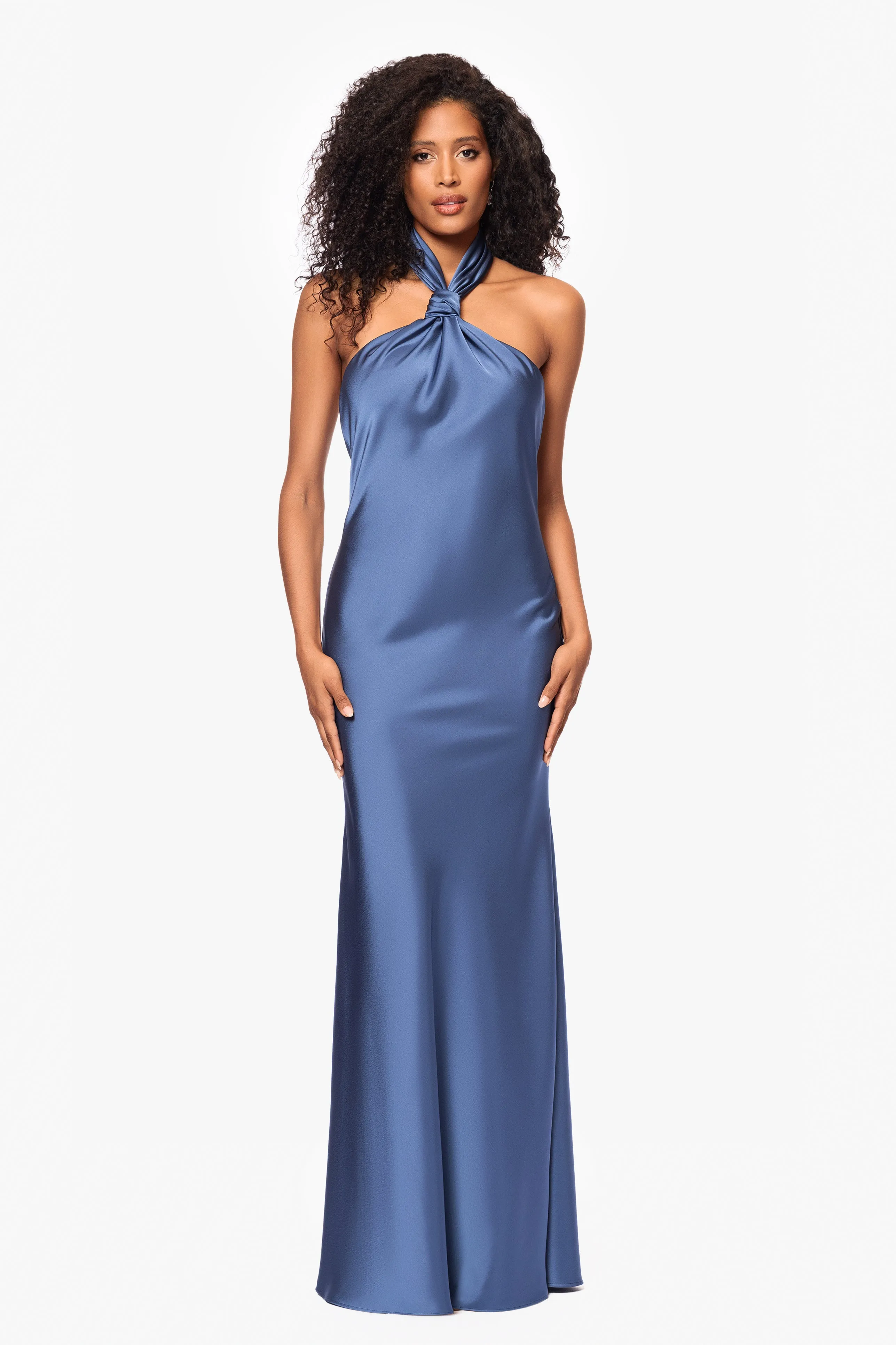 Petite "Esmerelda" Satin Double Knotted Halter Neck Floor Length Dress sold by Betsy & Adam