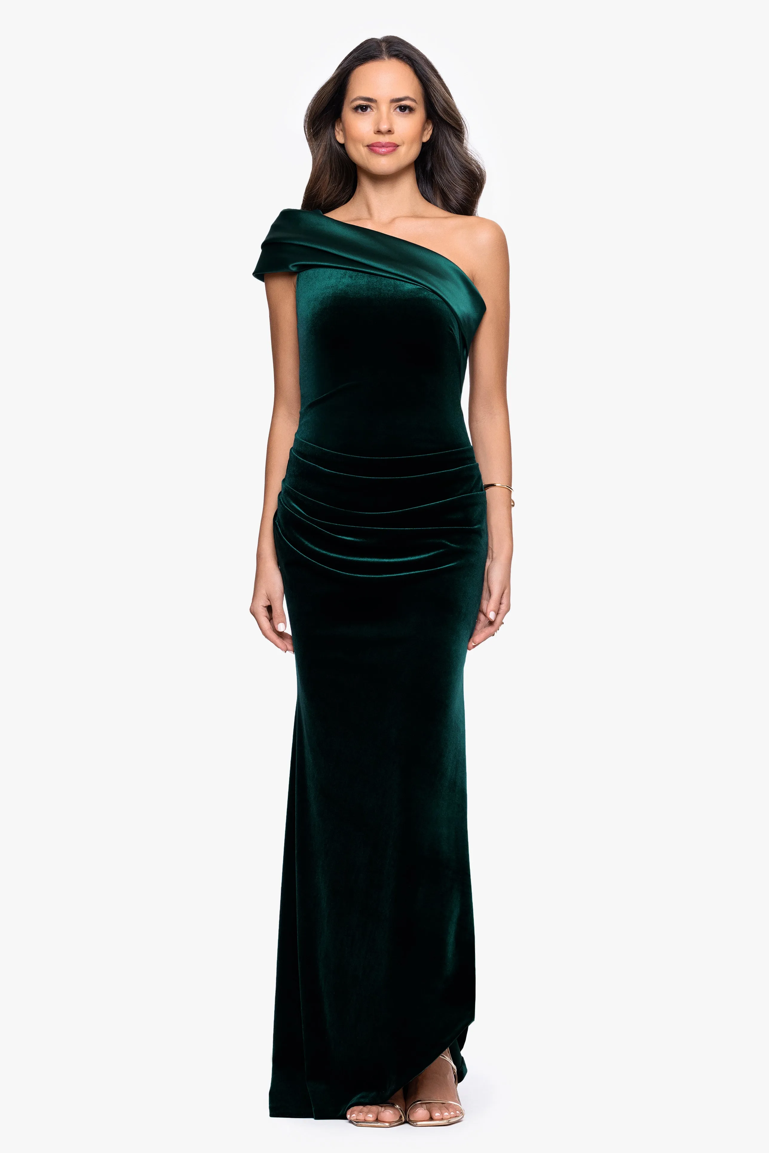 "Joyce" Velvet Drop Shoulder Satin Banded Neckline Floor Length Dress sold by Betsy & Adam