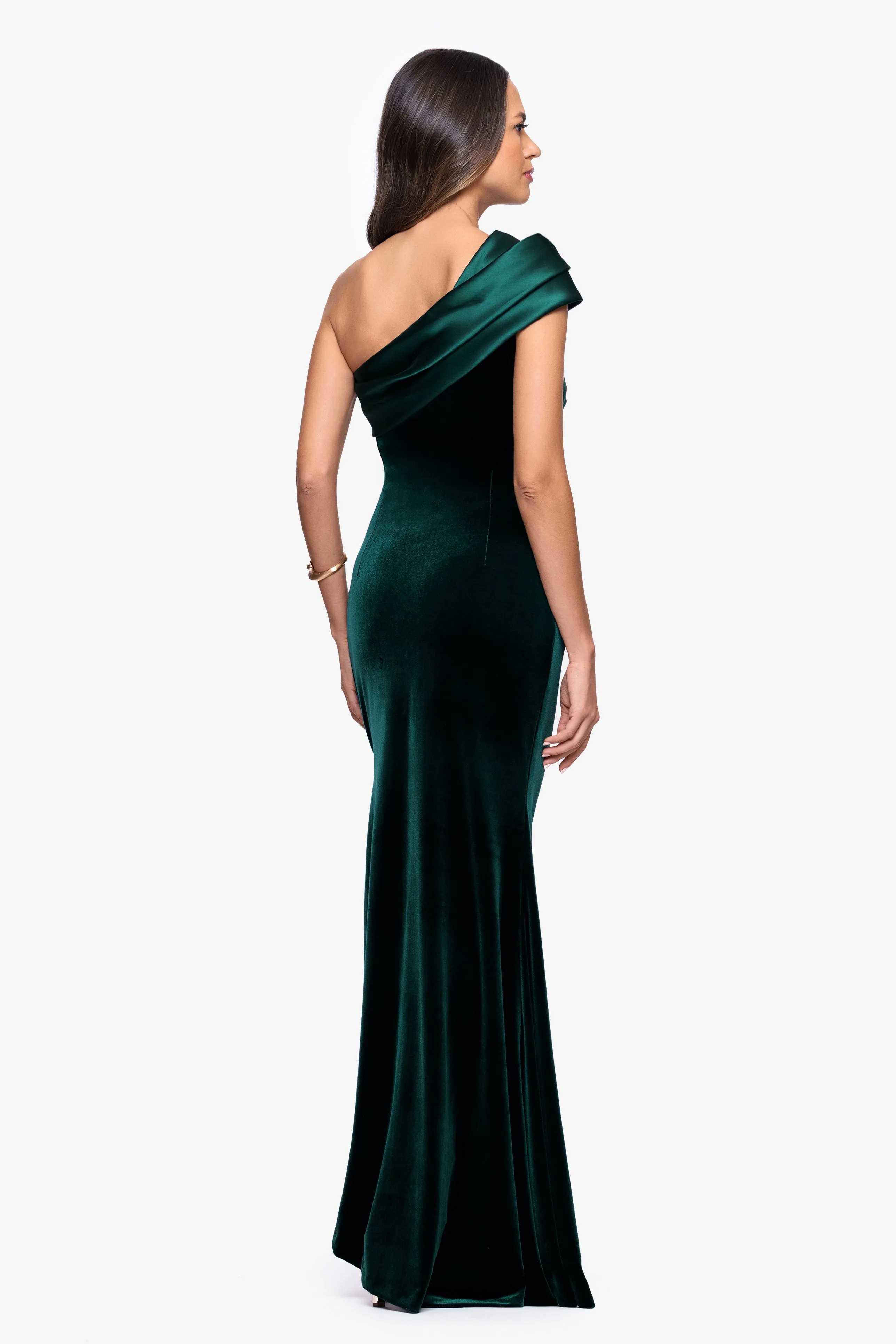"Joyce" Velvet Drop Shoulder Satin Banded Neckline Floor Length Dress sold by Betsy & Adam product image thumbnail 3