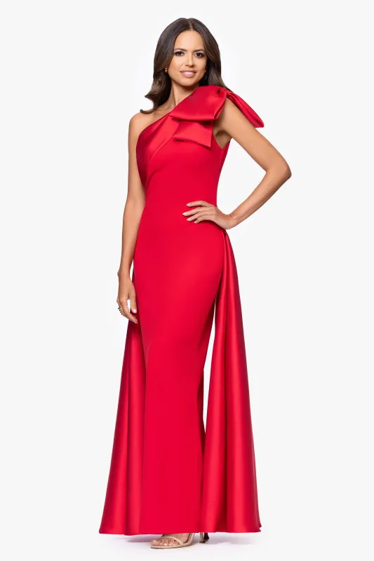 "Rosalie" Scuba Crepe One Shoulder Bow Embellished Floor Length Gown sold by Betsy & Adam