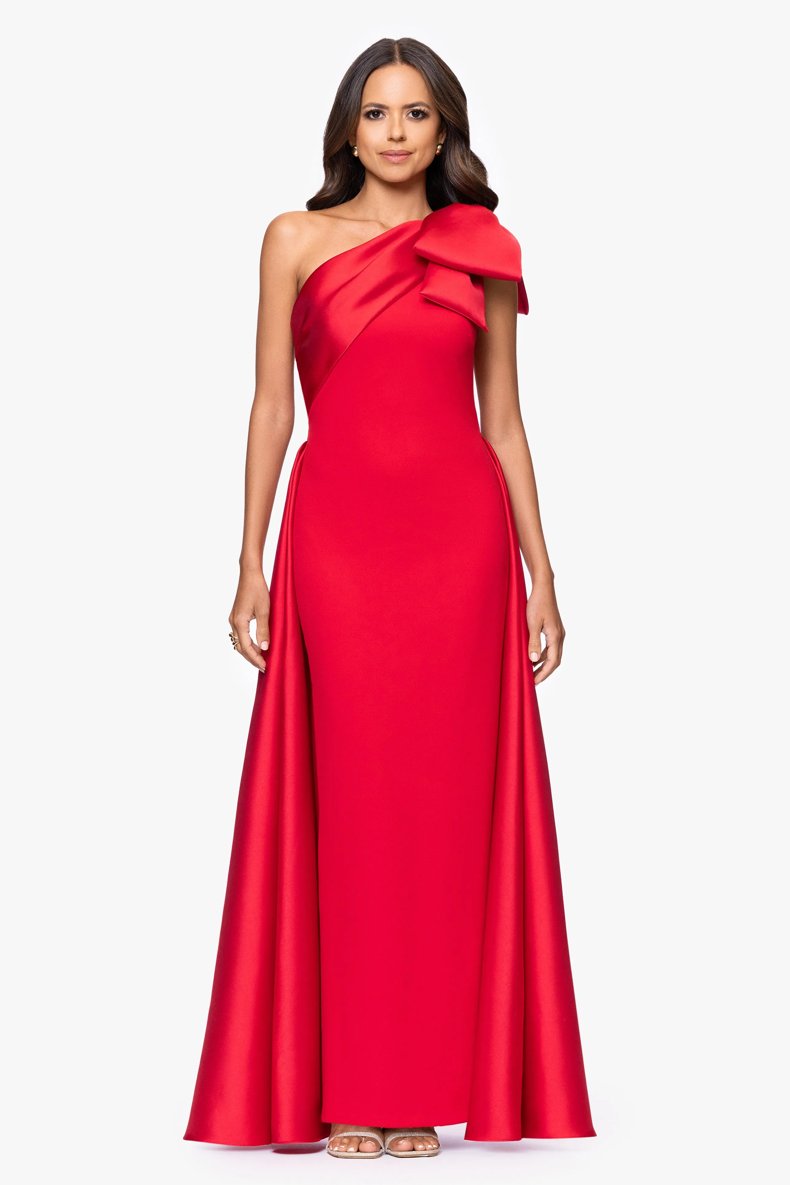 "Rosalie" Scuba Crepe One Shoulder Bow Embellished Floor Length Gown sold by Betsy & Adam product image thumbnail 4