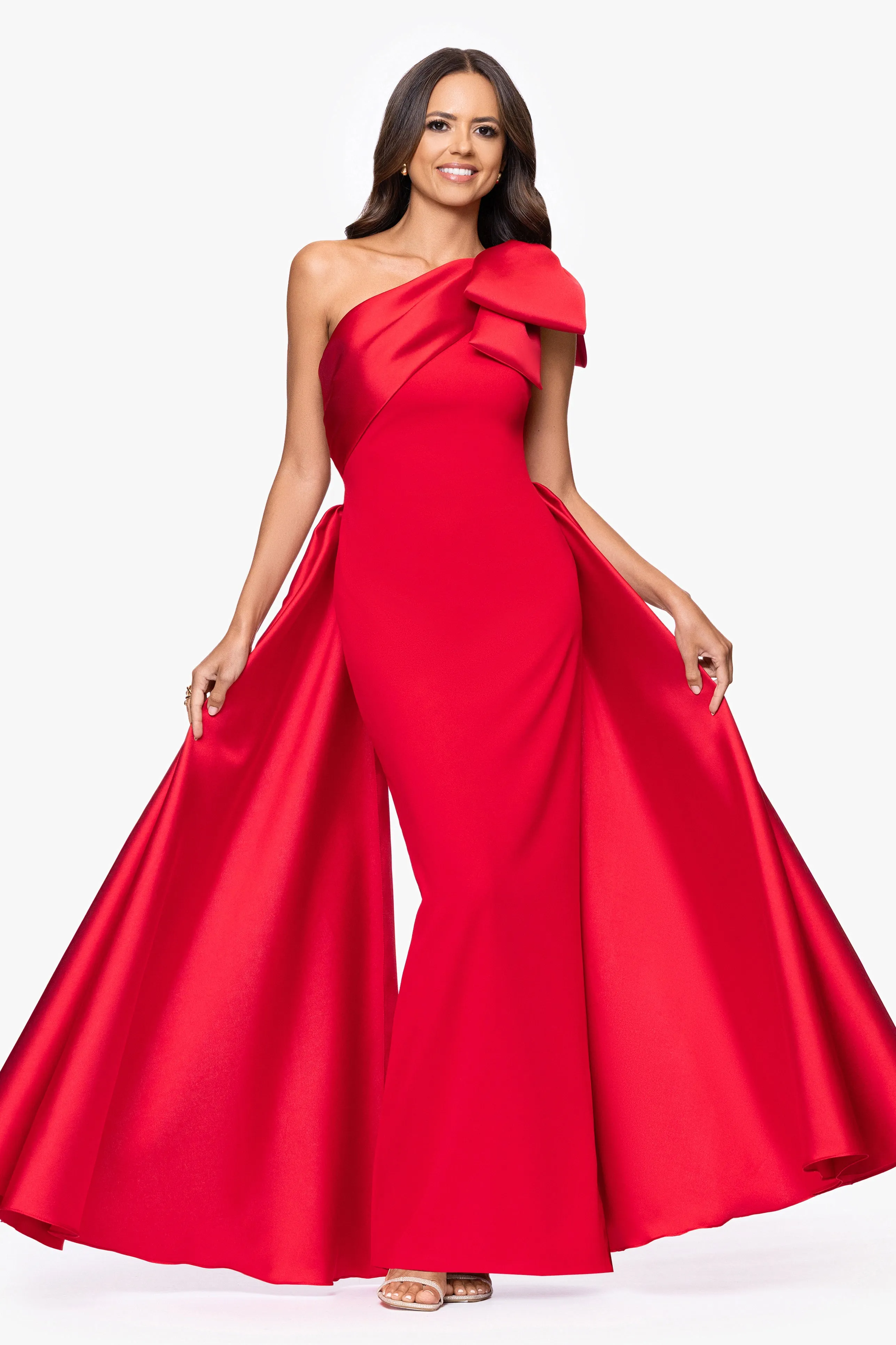"Rosalie" Scuba Crepe One Shoulder Bow Embellished Floor Length Gown sold by Betsy & Adam product image thumbnail 5