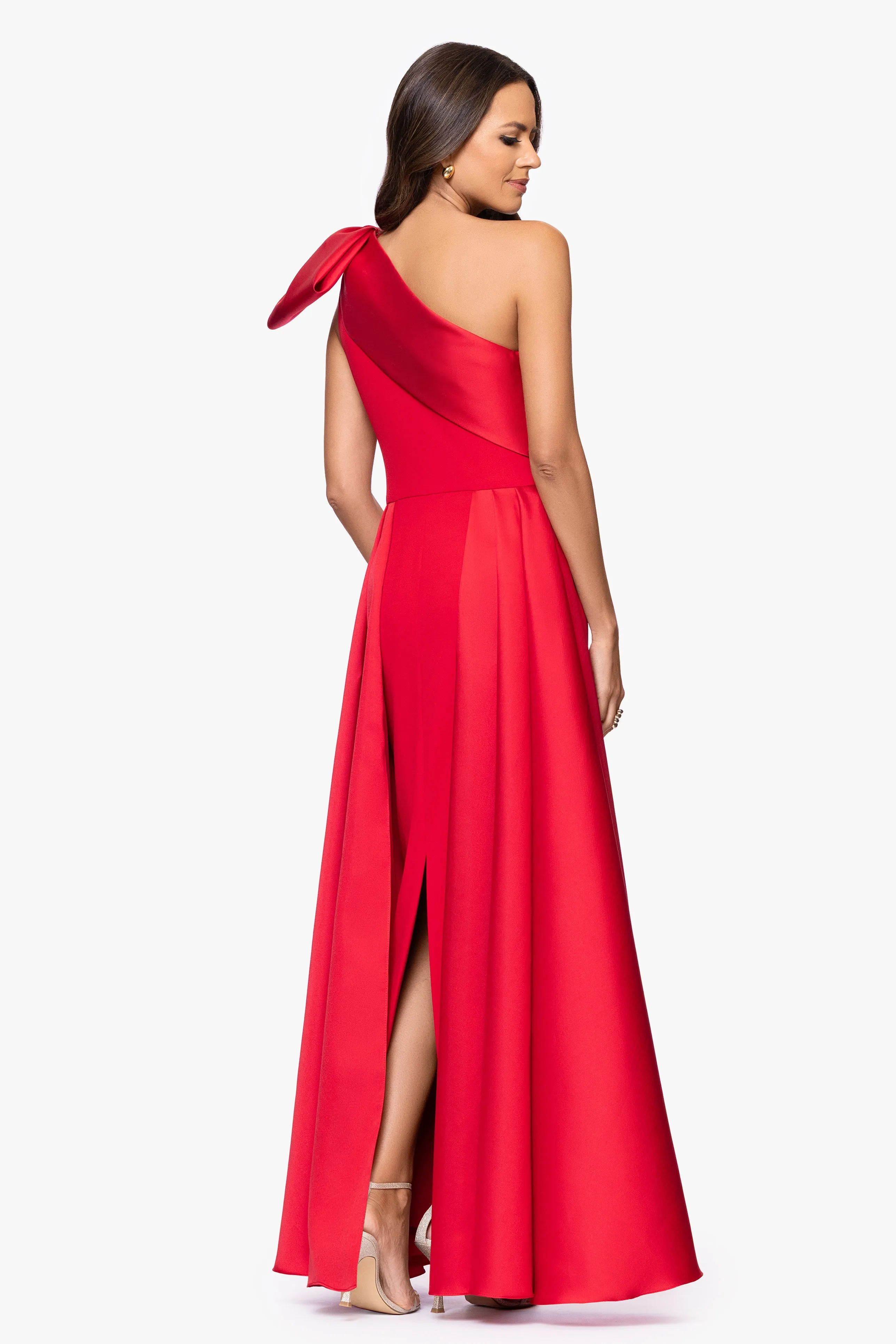 "Rosalie" Scuba Crepe One Shoulder Bow Embellished Floor Length Gown sold by Betsy & Adam product image thumbnail 3