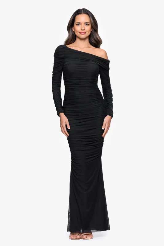 "Hannah" Mesh Rouching Drop Shoulder Long Sleeve Dress sold by Betsy & Adam