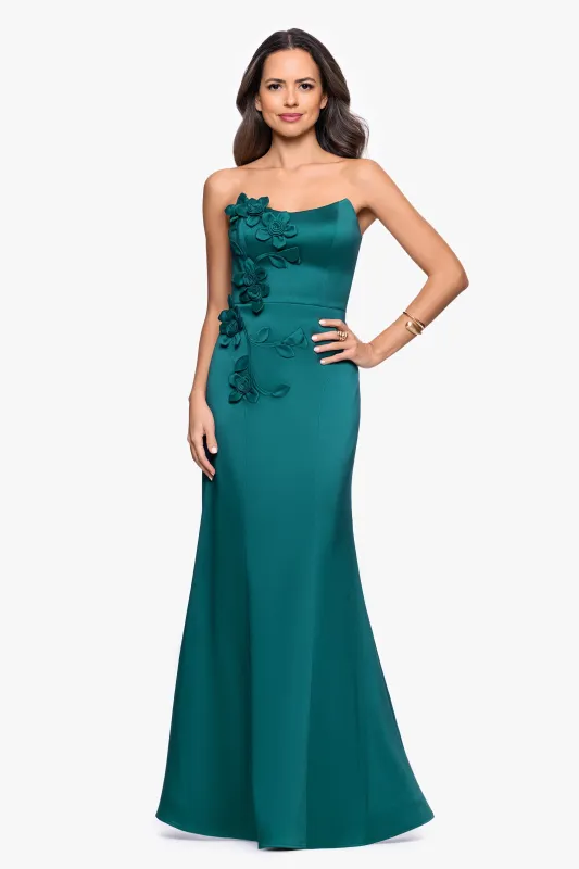"Nadia" Satin Strapless Flower Embellished Floor Length Dress sold by Betsy & Adam
