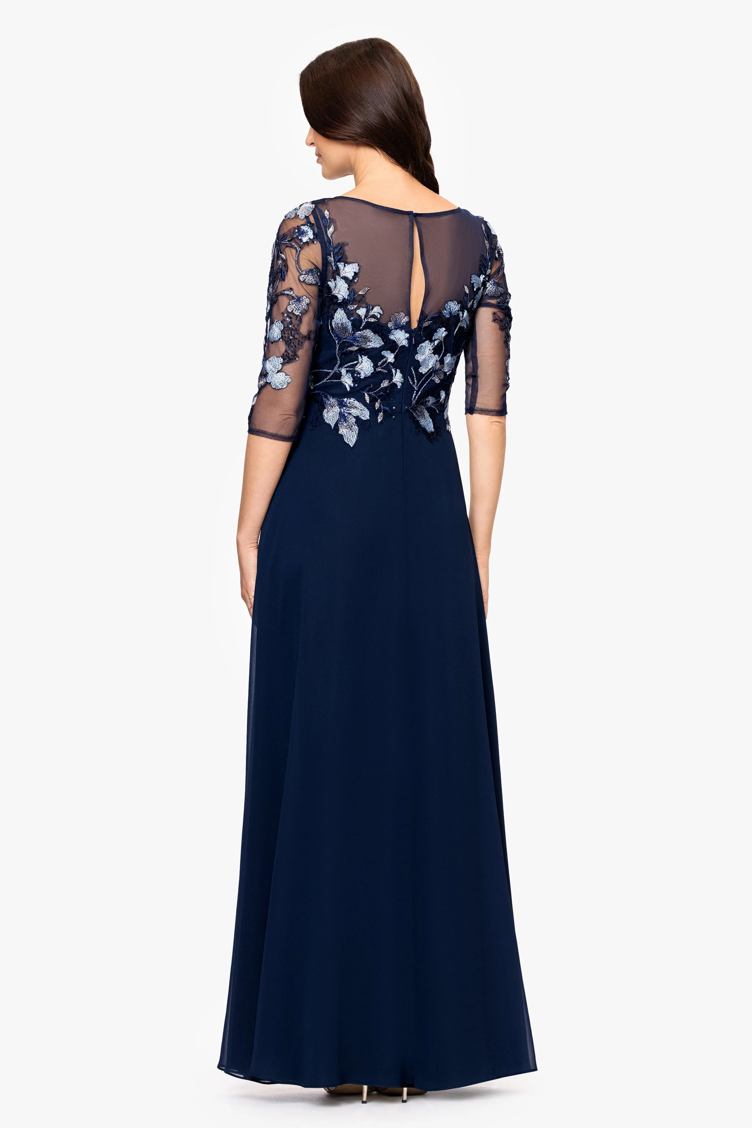 "Juliette" Chiffon 3/4 Sleeve Embroidered Bodice Floor Length Dress sold by Betsy & Adam product image thumbnail 3